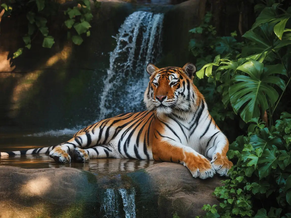 A majestic tiger resting under a waterfall, surrounded by lush jungle plants, hyper-realistic style, soft sunlight filtering through leaves.