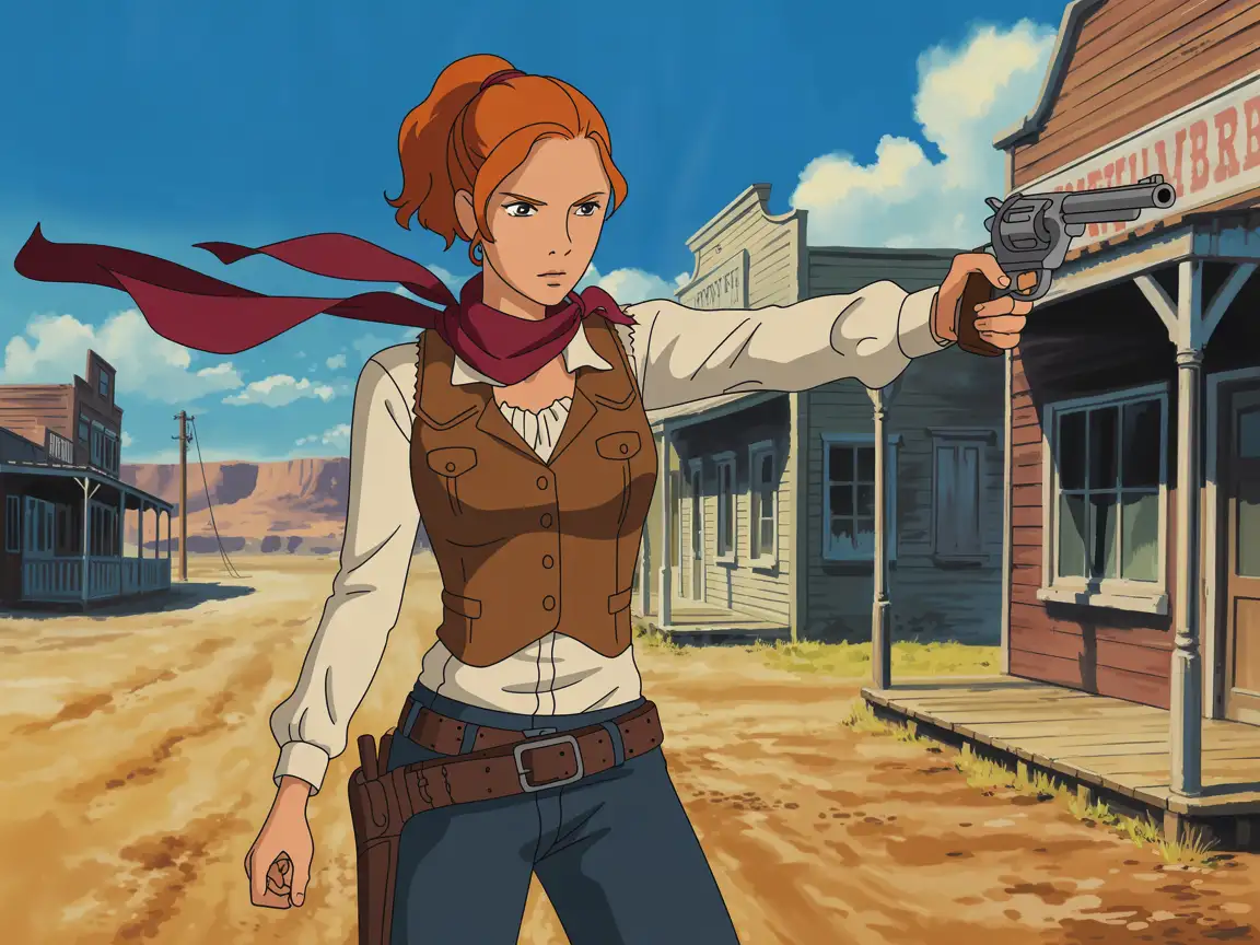 A fearless anime cowgirl aiming her revolver, red scarf flowing, dusty Western town behind her, vibrant anime style.