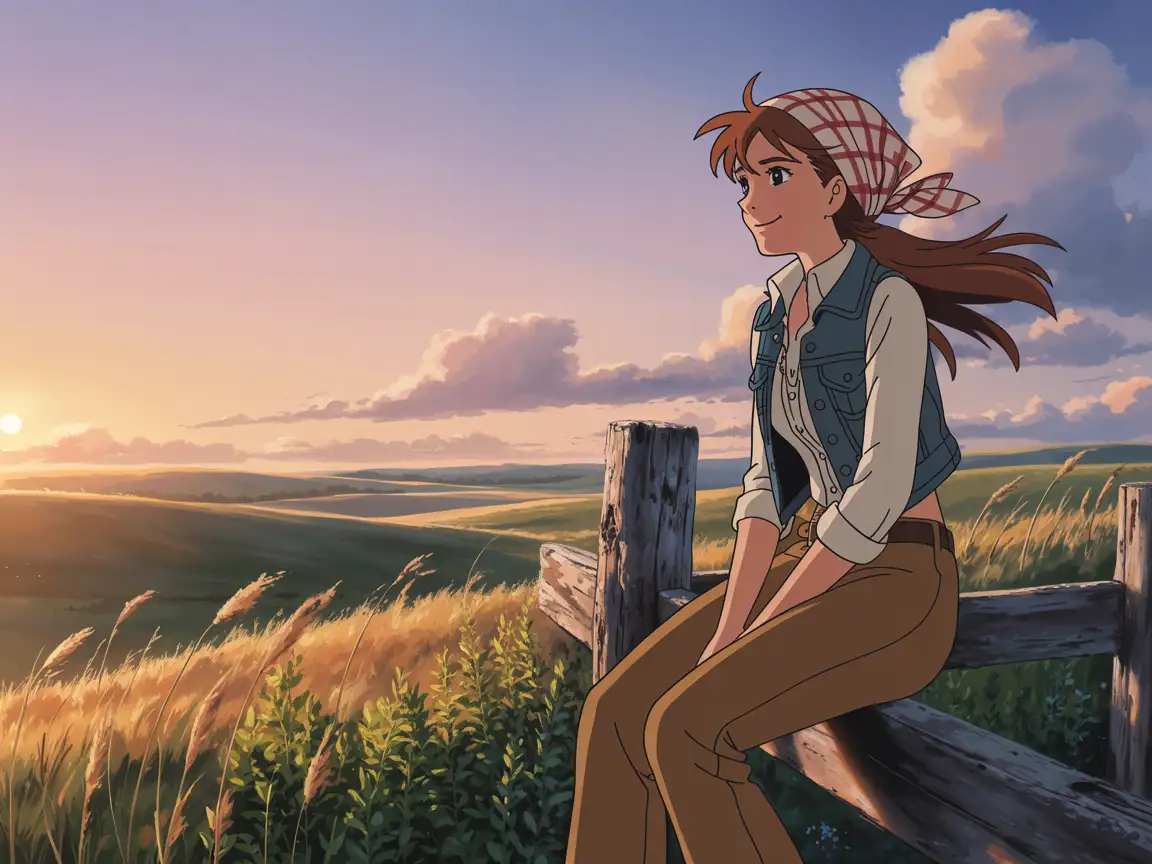 A gentle anime cowgirl sitting on a wooden fence, watching the sunset over the prairie, soft pastel tones.
