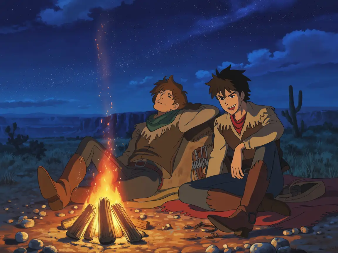 A romantic scene of two anime cowboys sitting by a campfire, starlit sky, warm glow, detailed expressions.