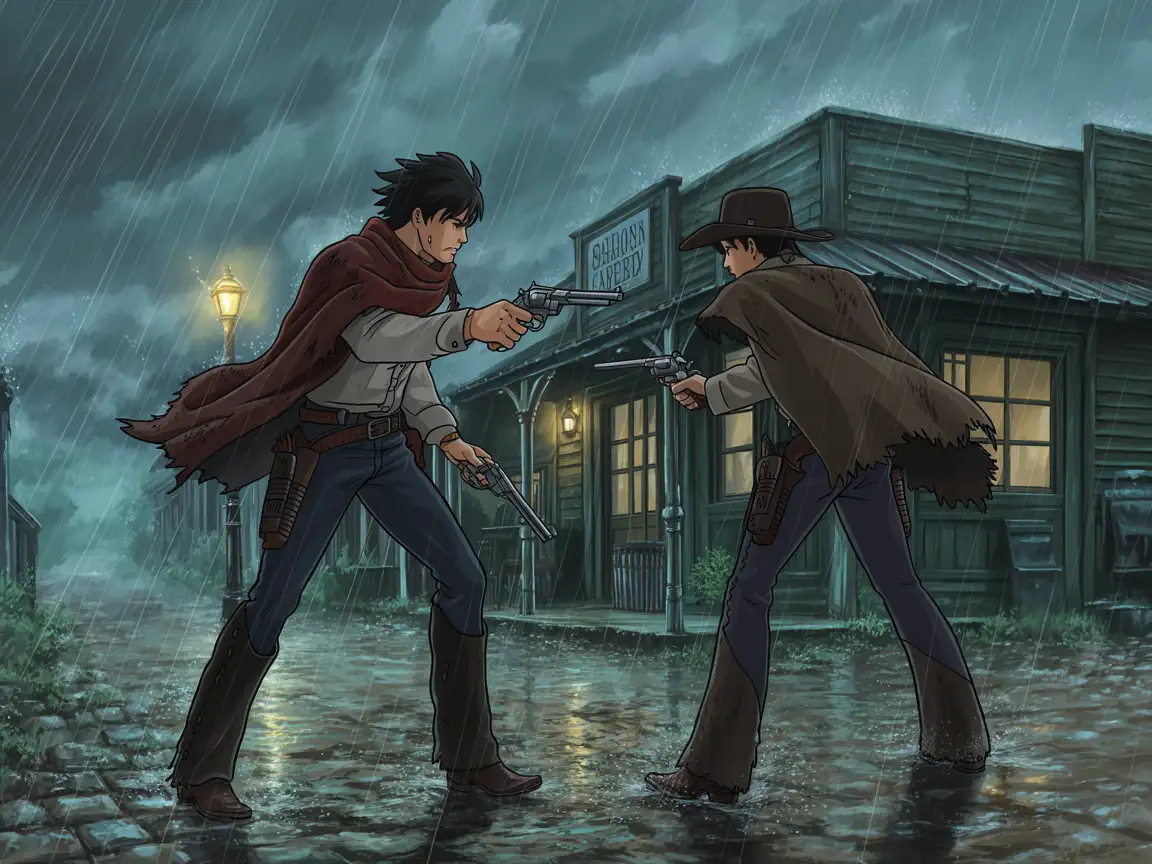 A dramatic duel between two anime cowboys in the rain, slow-motion feel, cinematic atmosphere.