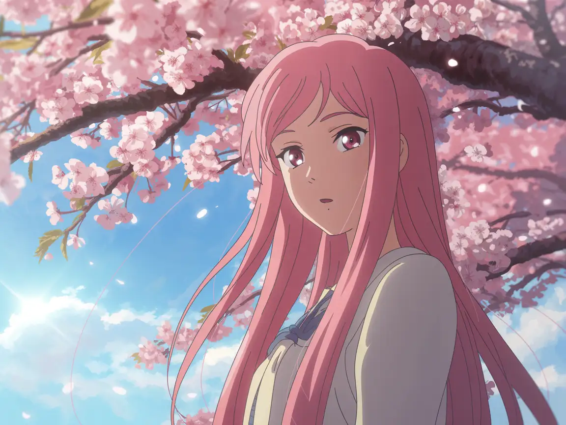 Anime-style girl with long pink hair standing under blooming cherry blossoms, soft pastel colors, gentle breeze, sunlight filtering through petals, cinematic lighting, 2D illustration, ultra-detailed eyes, serene expression.