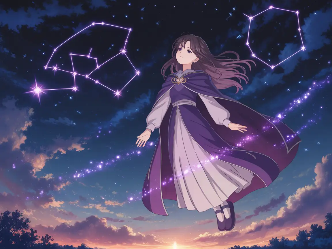 Elegant anime mage girl floating in the night sky surrounded by glowing stars and constellations, flowing purple robes, magic aura, dreamy expression, fantasy illustration with soft lighting and cosmic background.