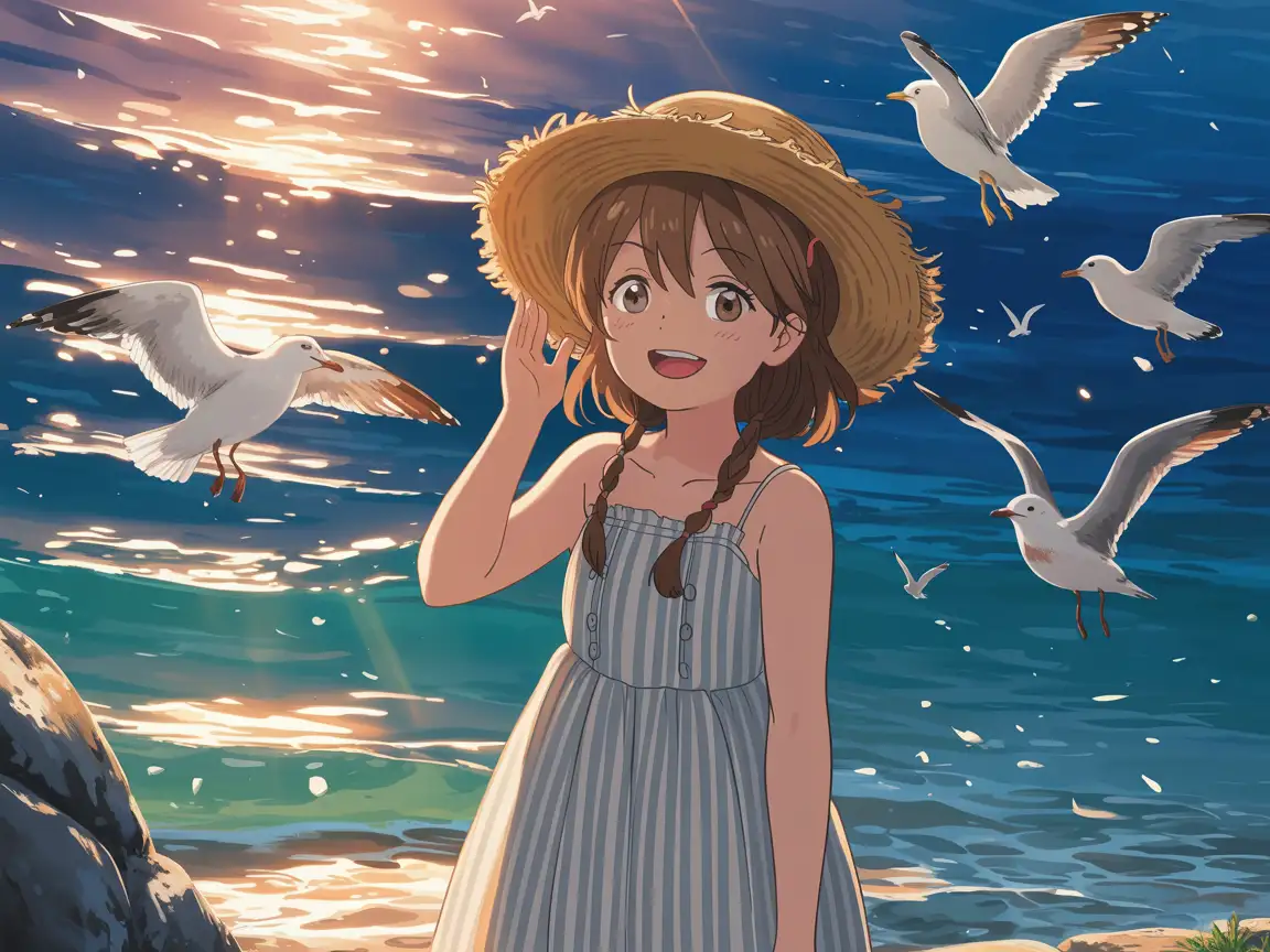 Cute anime girl wearing a sundress and straw hat, standing near the ocean with seagulls flying, sunlight reflection on water, warm tones, smiling expression, detailed background, slice-of-life anime art.
