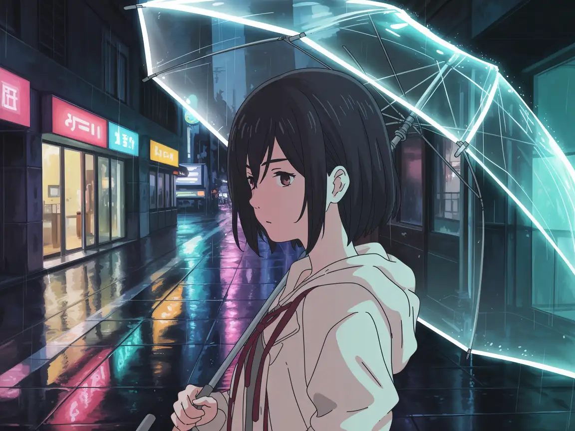 Anime girl with dark hair holding a transparent umbrella in a rainy city street, neon reflections on wet pavement, emotional atmosphere, cinematic lighting, realistic rain effects, anime realism style.