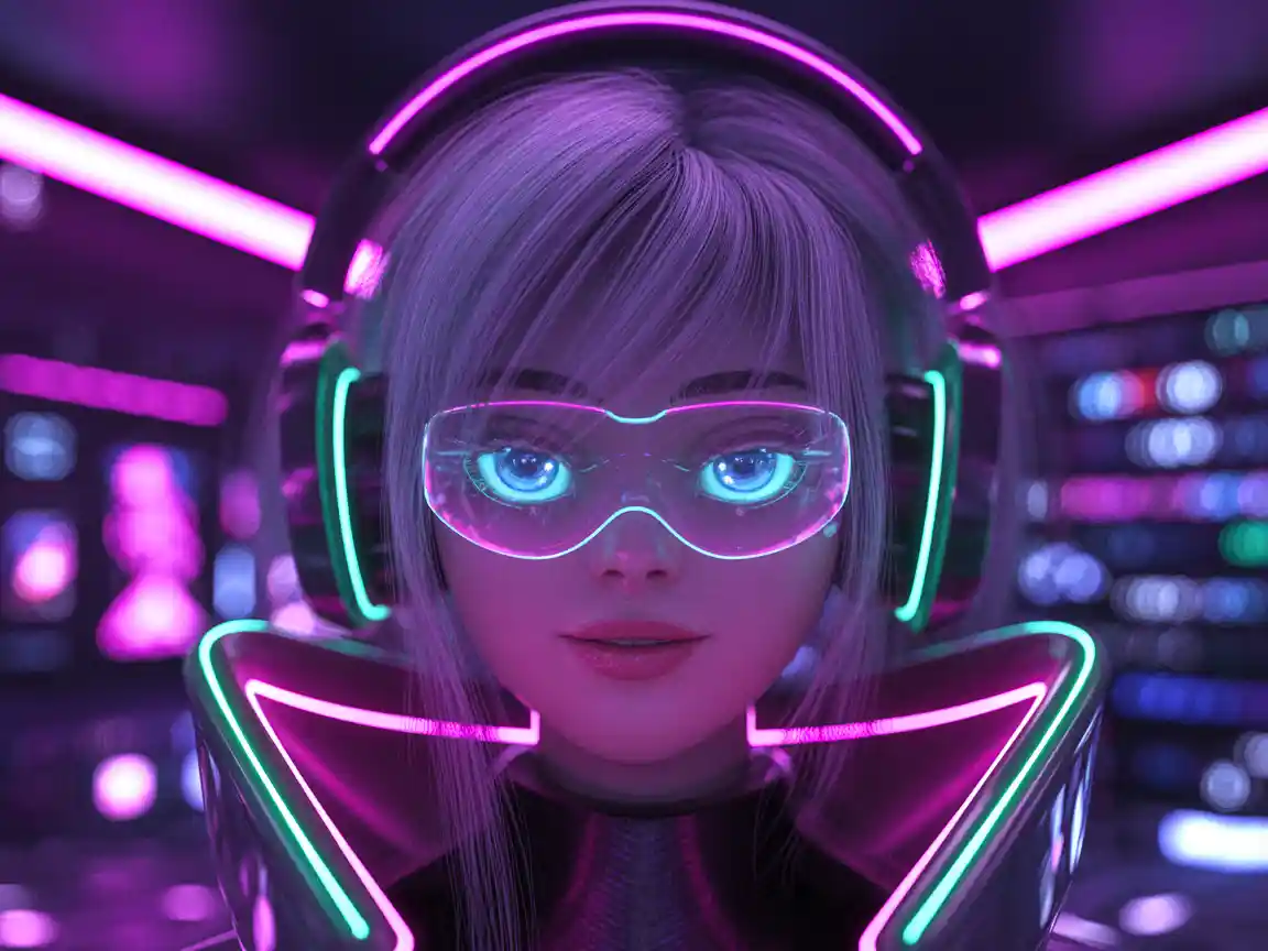 A vibrant, neon-lit cyberpunk anime girl profile picture, glowing blue eyes, high-tech headphones, vivid purples and pinks, 4k resolution, stylish avatar.