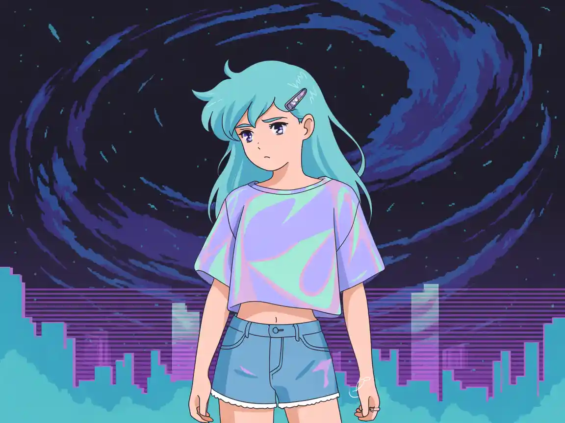 Retro 90s anime style female protagonist, vaporwave aesthetic, starry background, nostalgic profile picture.