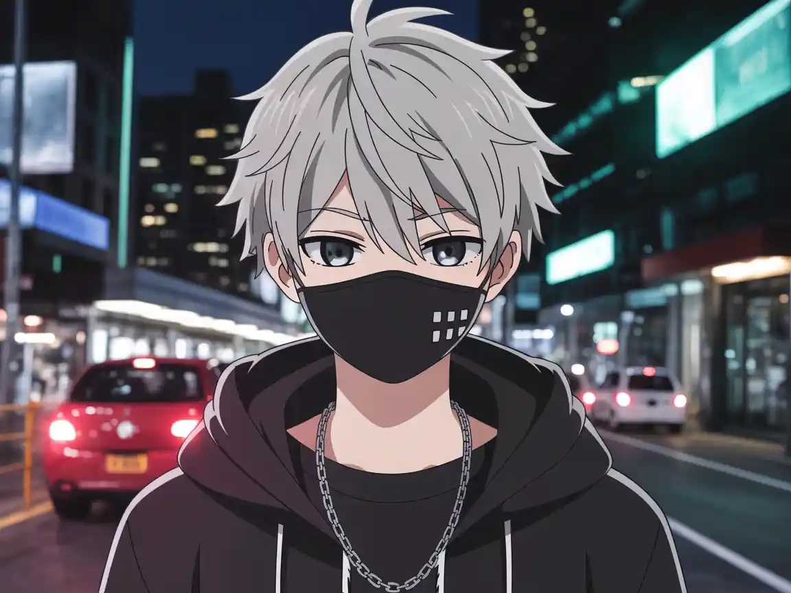 Cool anime boy with silver hair and a black face mask, streetwear fashion, urban city lights reflecting in his eyes, edgy avatar.
