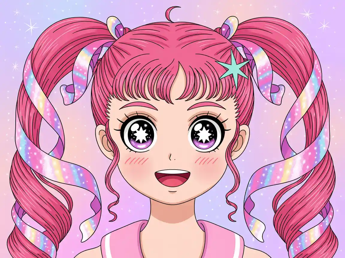 Magical girl anime profile picture, sparkling starry eyes, pink twintails, colorful and energetic expression.
