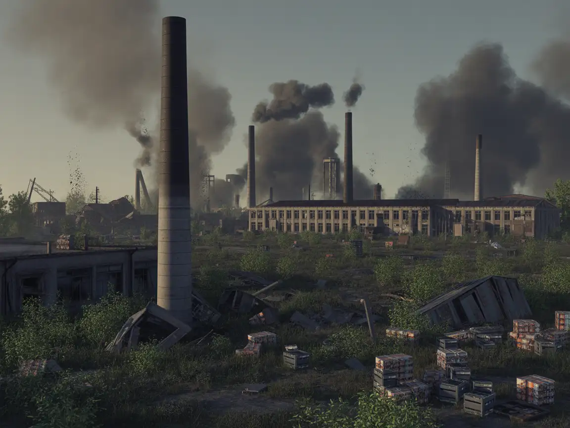A desolate factory district featuring several collapsed chimneys, billowing smoke, and scattered crates of supplies.