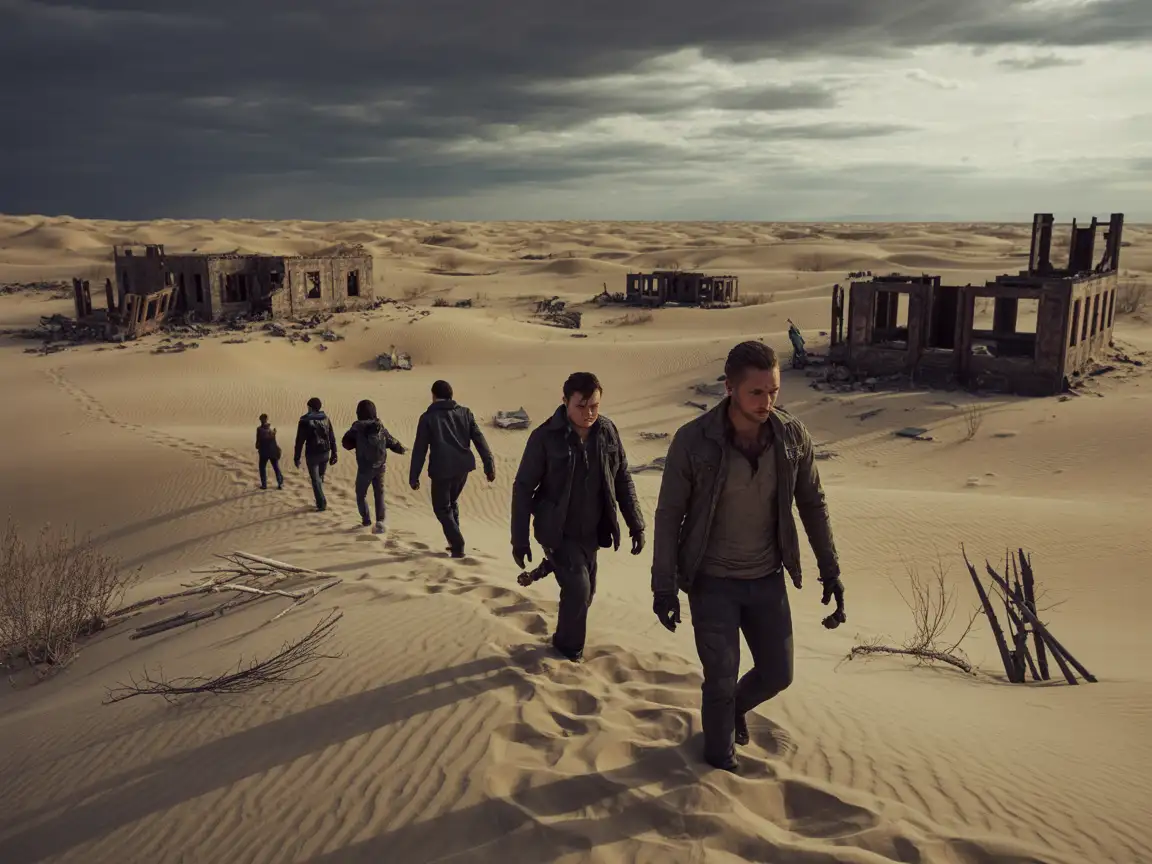 Several lone survivors, wearing tattered clothing, trudging across sand dunes in a barren desert with half-buried ruined buildings in the background.