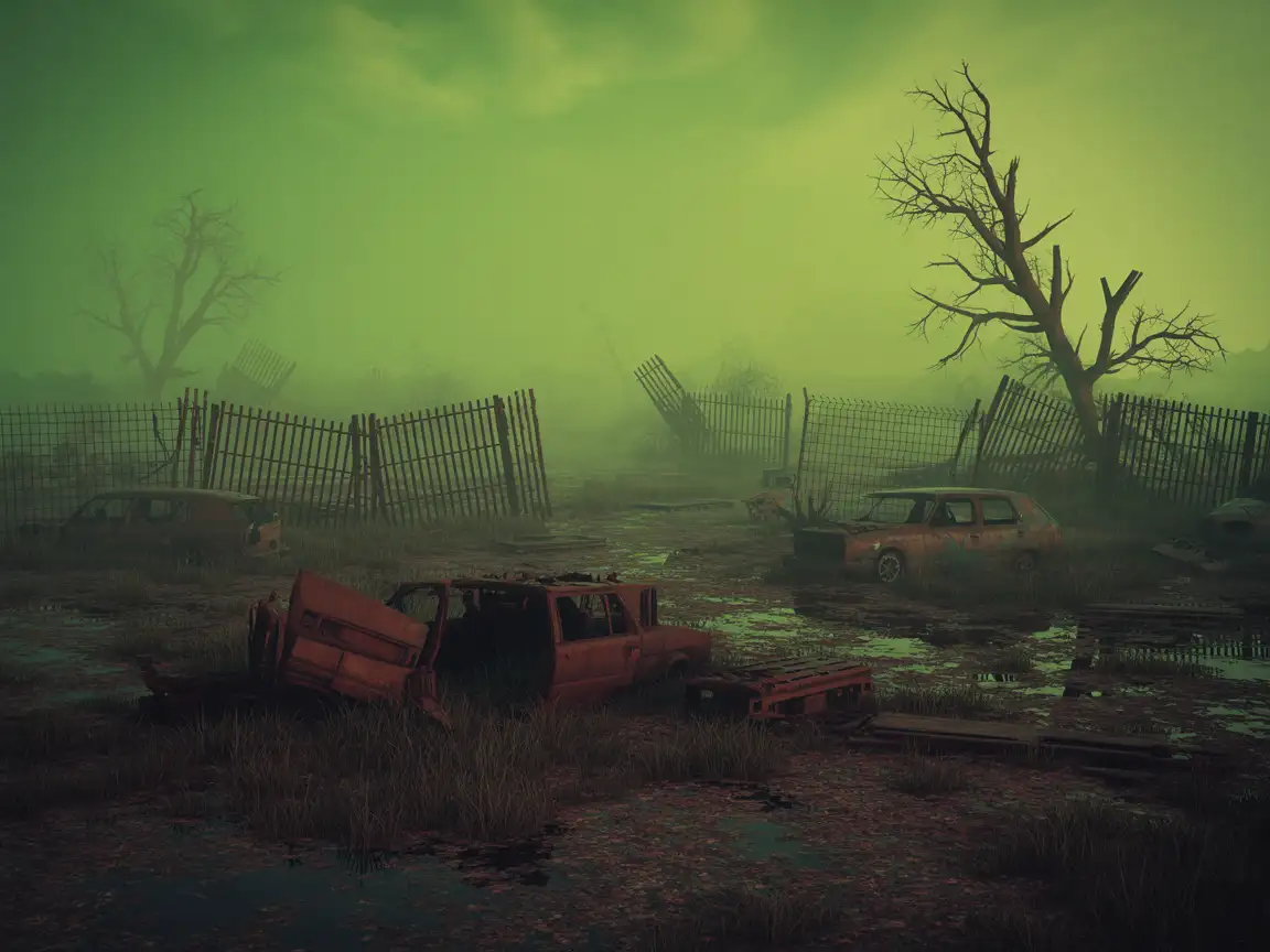 A toxic wasteland featuring greenish fog, rusted machinery, and broken fences.