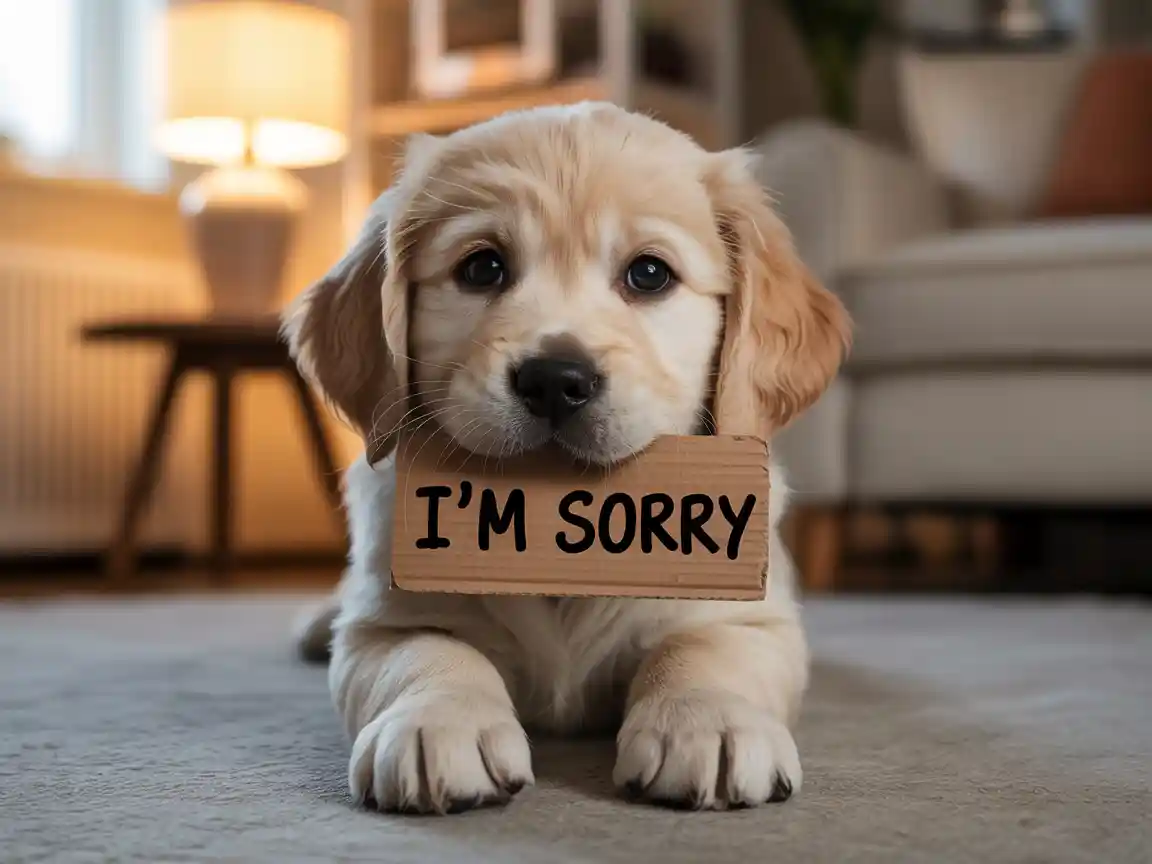 一只可爱的金毛猎犬幼崽，睁大忧伤的眼睛，嘴里拿着一个写有“I'm Sorry”的小纸板牌，柔和温暖的灯光，温馨的客厅背景，高度细节化。