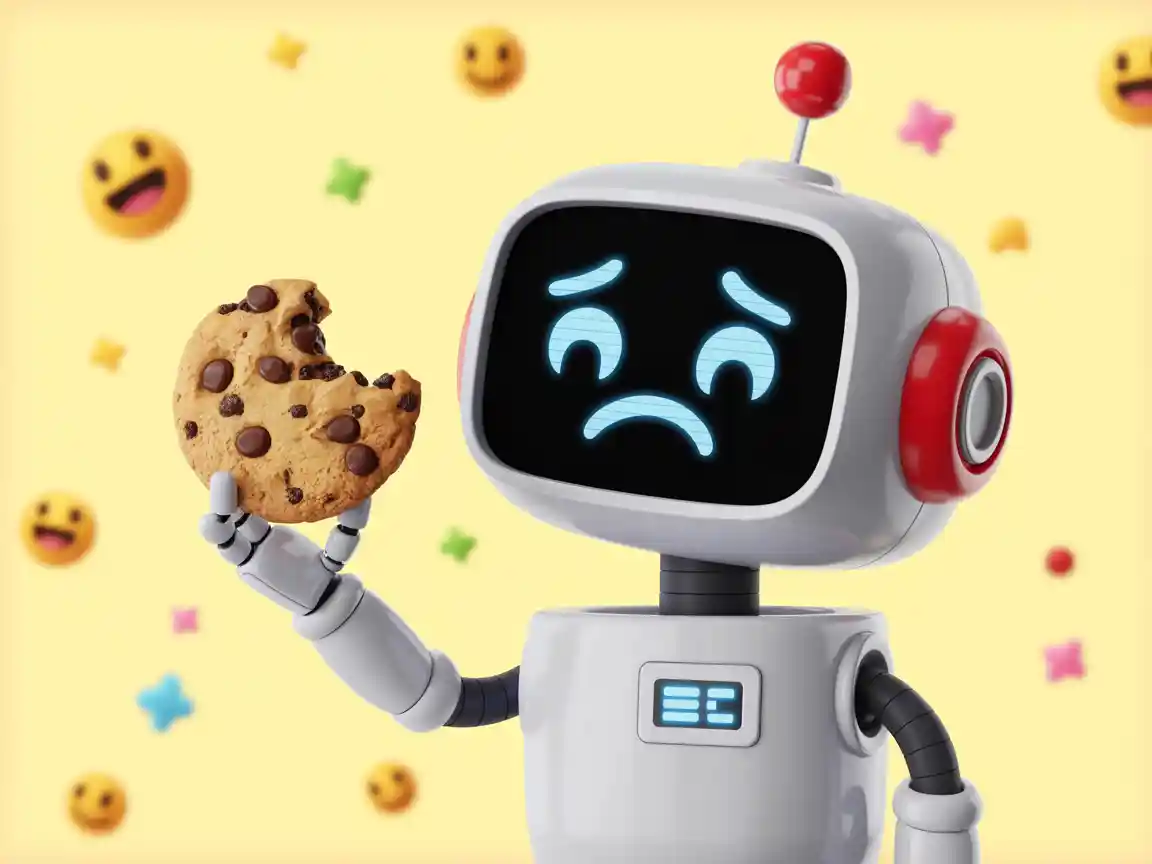 一只悲伤的小机器人，手持枯萎的雏菊，下垂着头，背景为无菌未来感场景，柔和凉爽的灯光，唤起同情与遗憾。