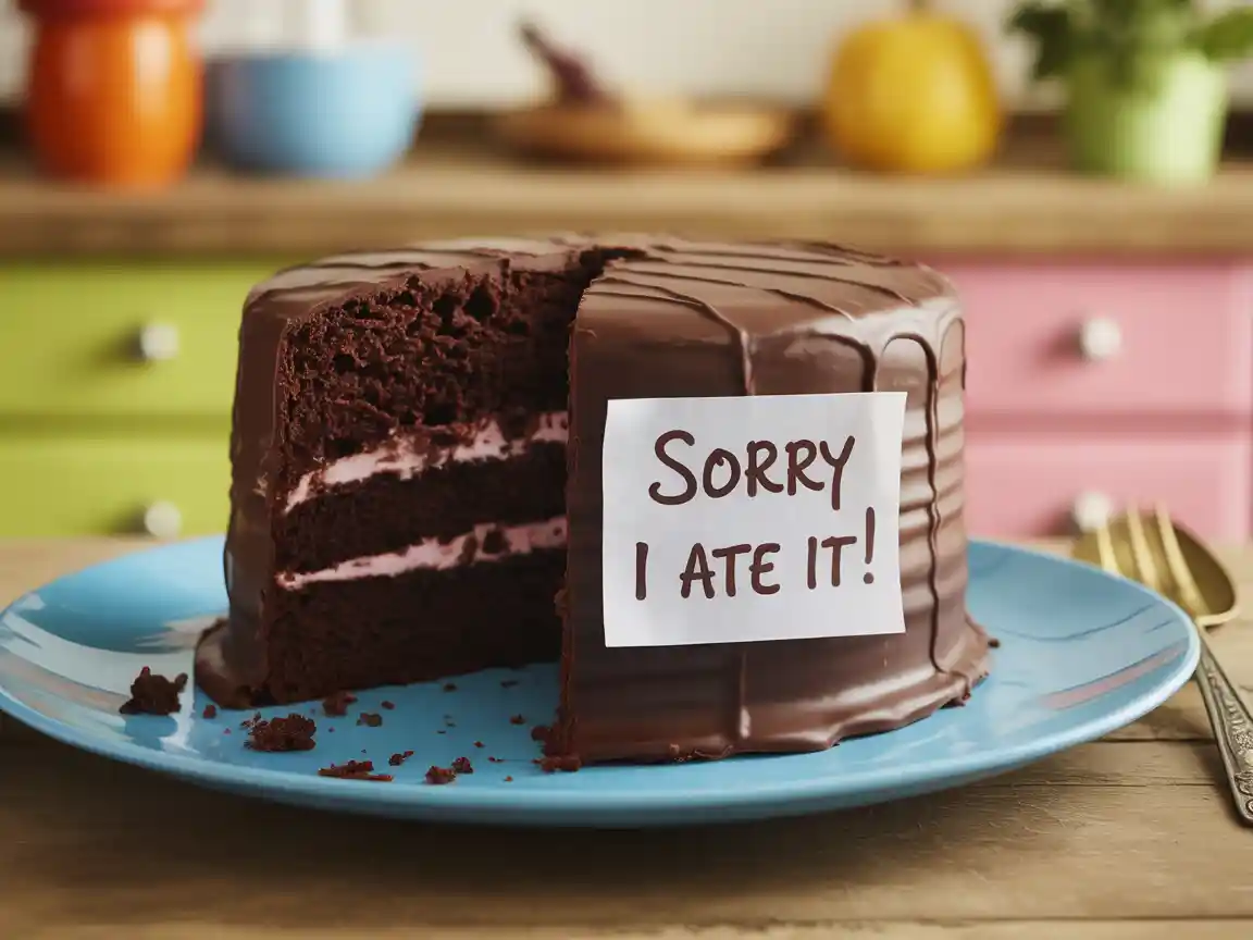 一块美味的巧克力蛋糕被吃了一半，蛋糕上有“Sorry I ate it!”的字样，明亮多彩的厨房场景，俏皮幽默的道歉概念。