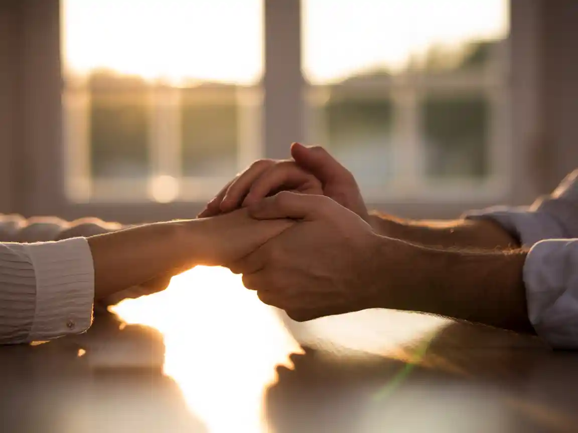 两只手在桌上轻轻相握，温暖金色时刻的阳光透过窗户，象征宽恕与和解，浅景深。