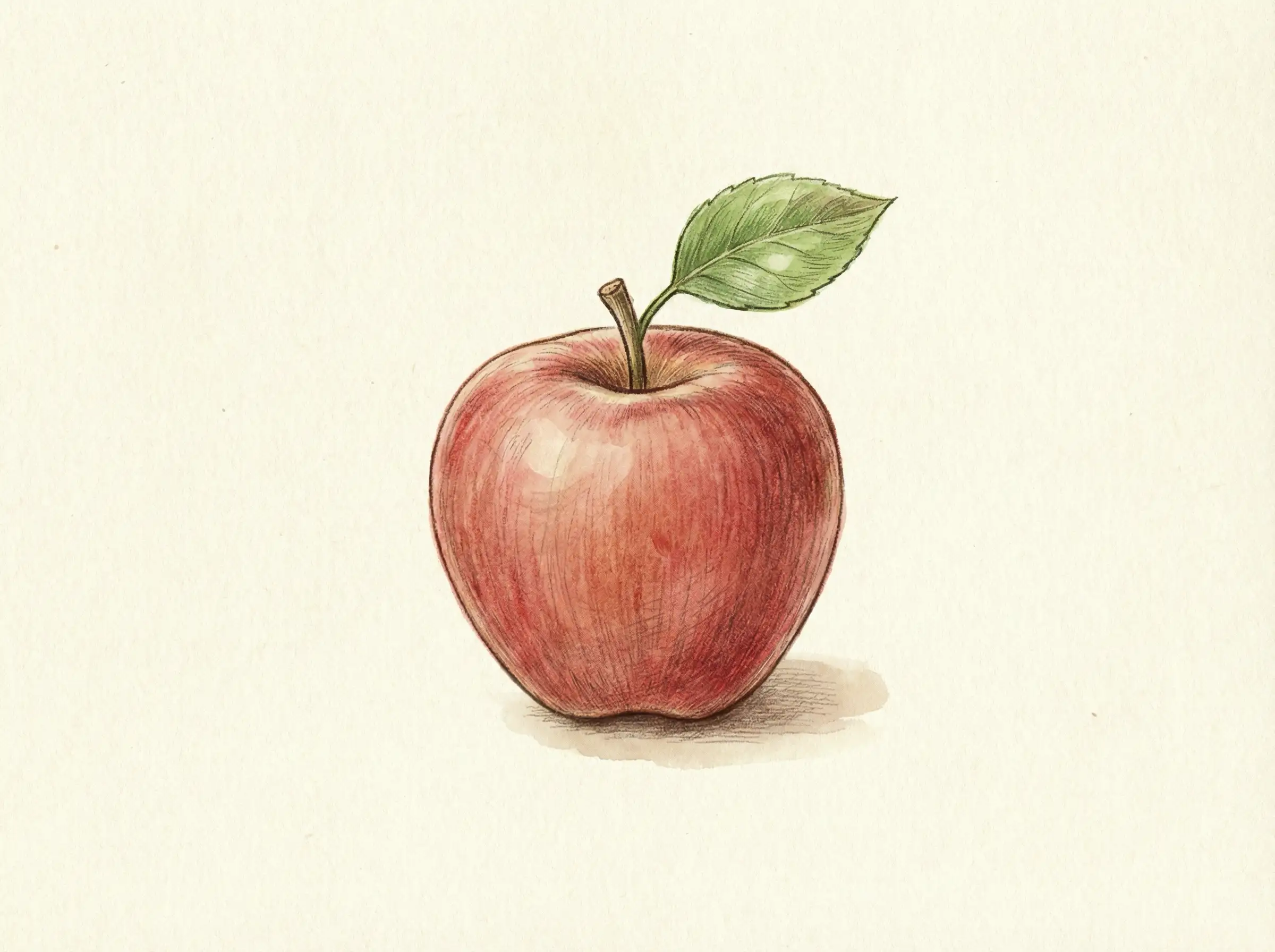 Hand‑drawn red apple with soft shading, fresh leaf on top, clean illustration style, gentle lighting, simple and aesthetic