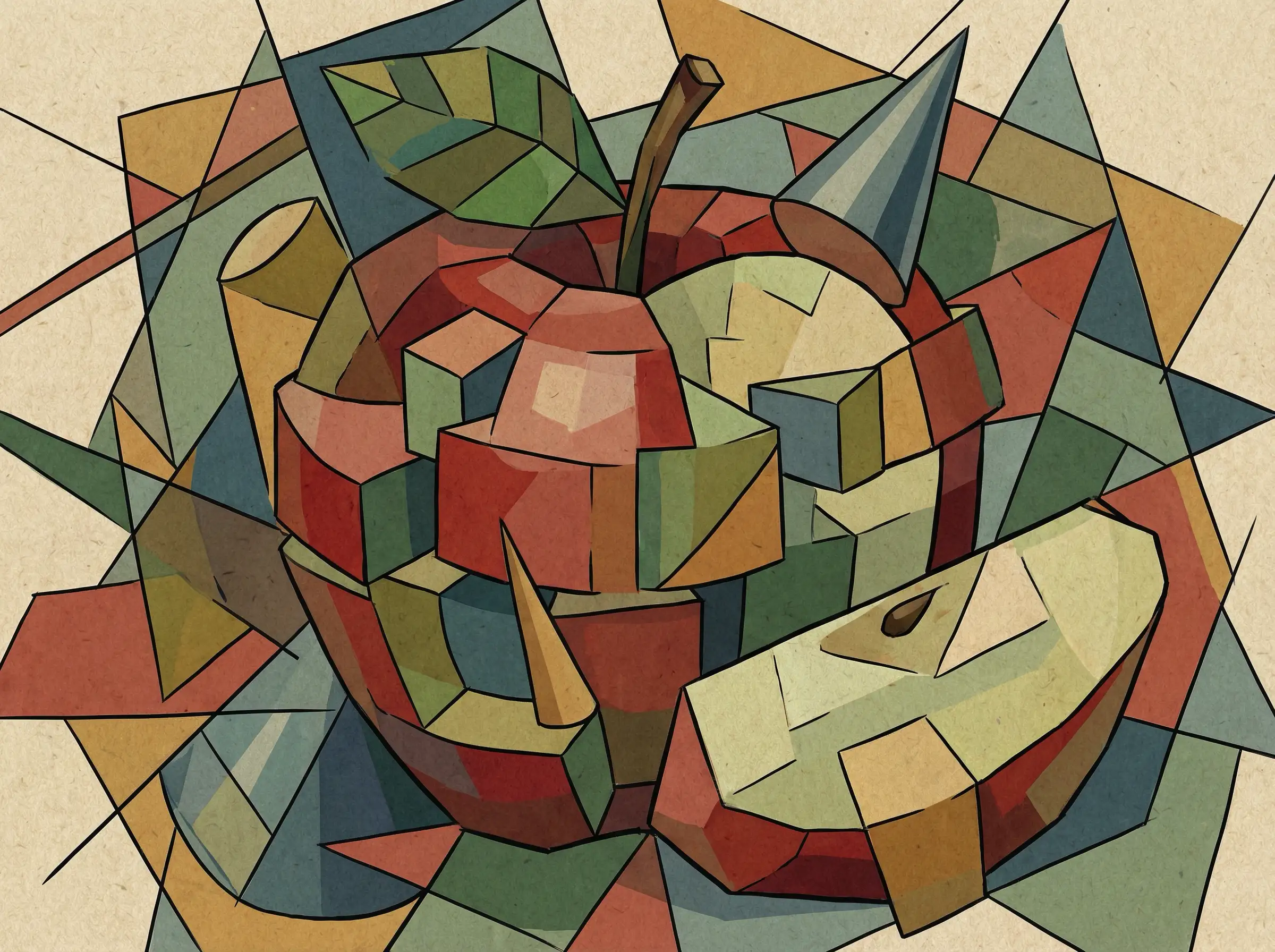 Cubist apple illustration with geometric blocks, abstract shapes, multi-angle perspective.