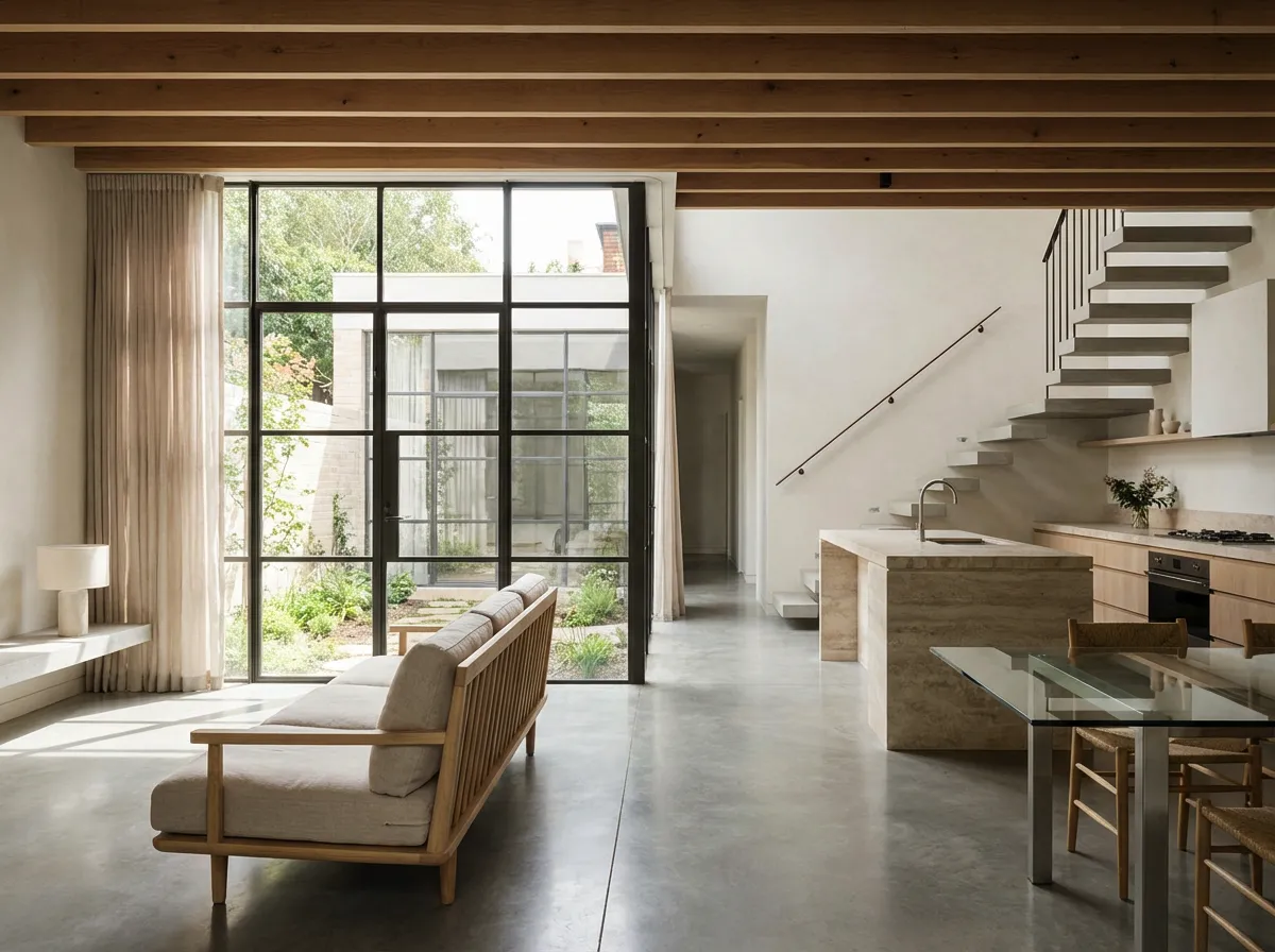 Interior architecture space design, open-plan layout, natural light, modern materials, clean interior visualization