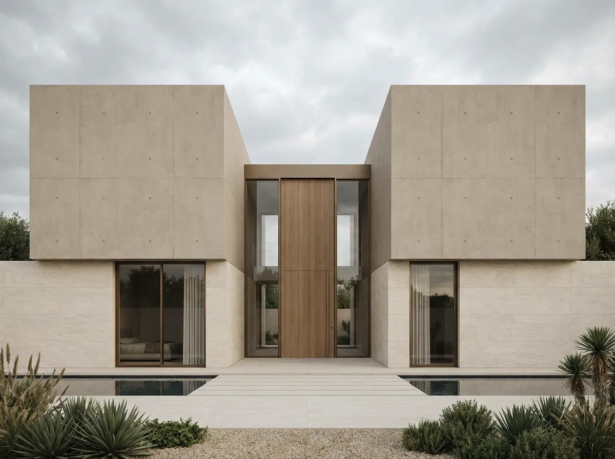 Minimalist architecture facade study, neutral tones, simple geometry, strong symmetry, realistic materials, architectural render style