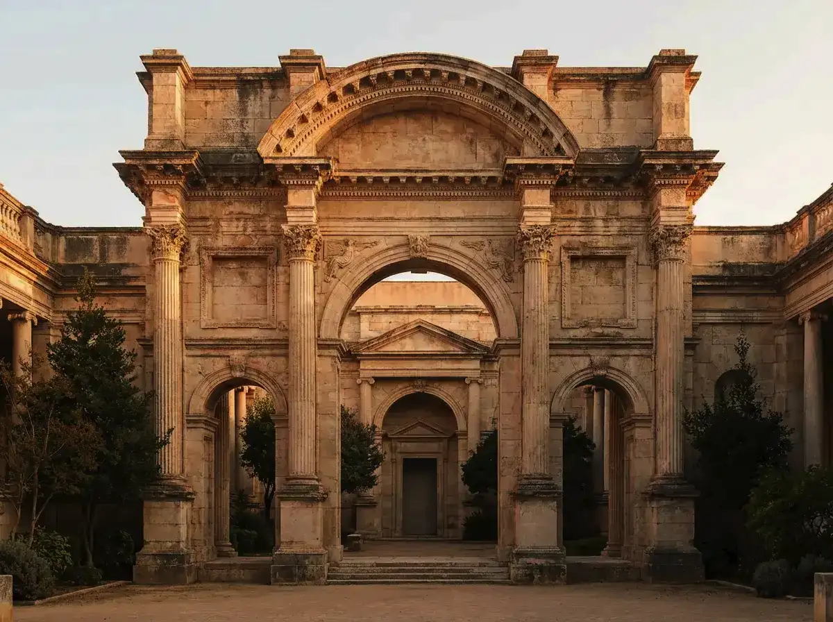 Classical architecture structure, stone materials, historical style, symmetrical composition, soft ambient lighting