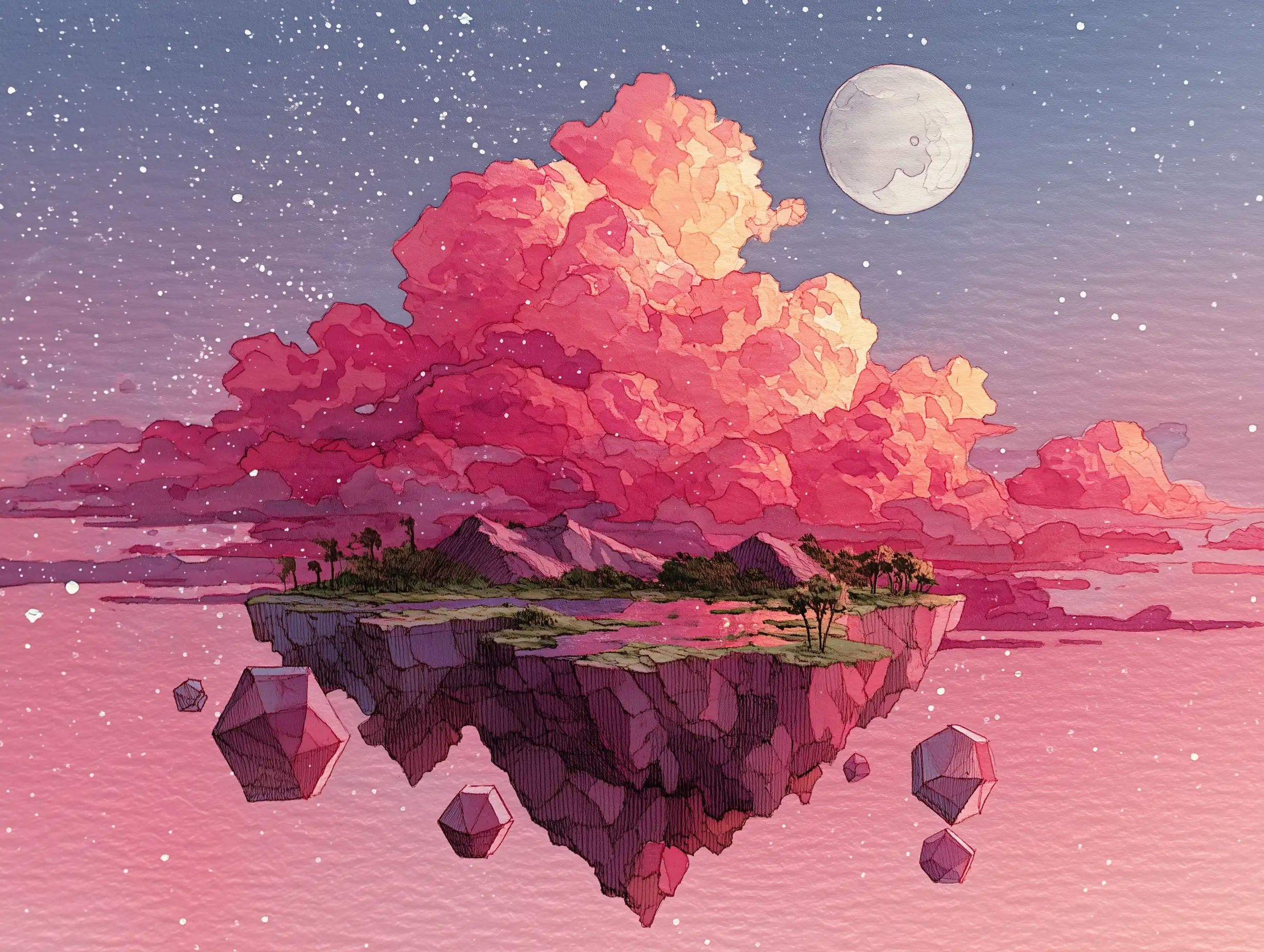 Surreal floating island above soft pink clouds, watercolor texture, gentle gradients, hand-painted feel, subtle ink outlines, dreamy pastel palette, floating geometric shapes, artistic composition