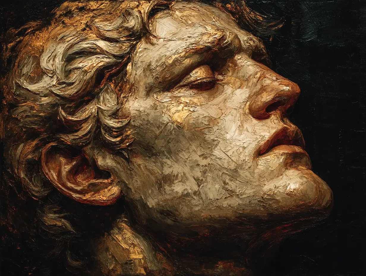 Renaissance-style oil painting of a mythical figure, golden lighting, textured canvas brushwork, realistic human anatomy, deep shadows, dramatic Baroque-inspired atmosphere