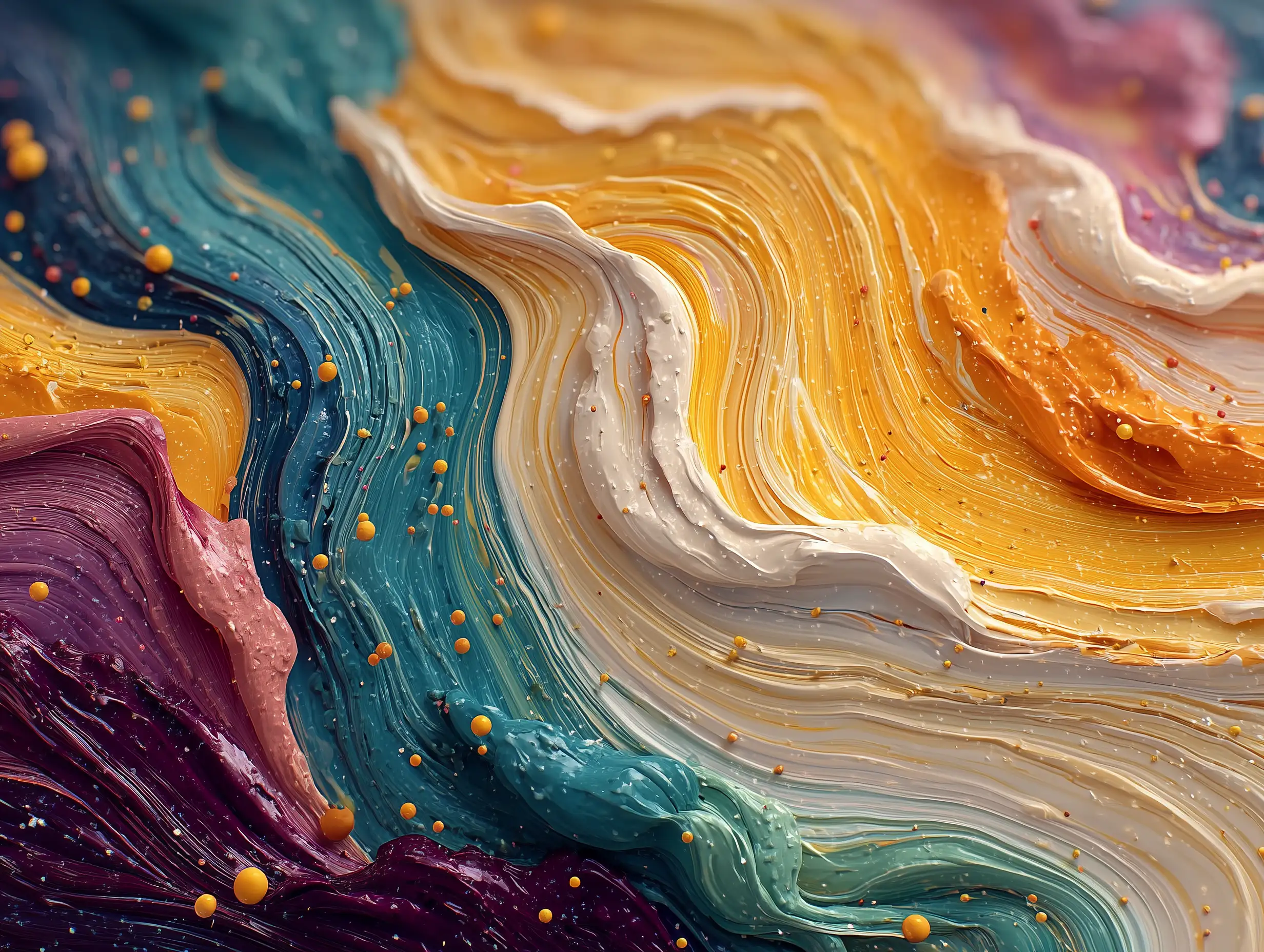 Abstract explosion of swirling colors, fluid dynamics, glossy paint textures, high-saturation gradients blending together, bold movement and visual rhythm, modern art aesthetic