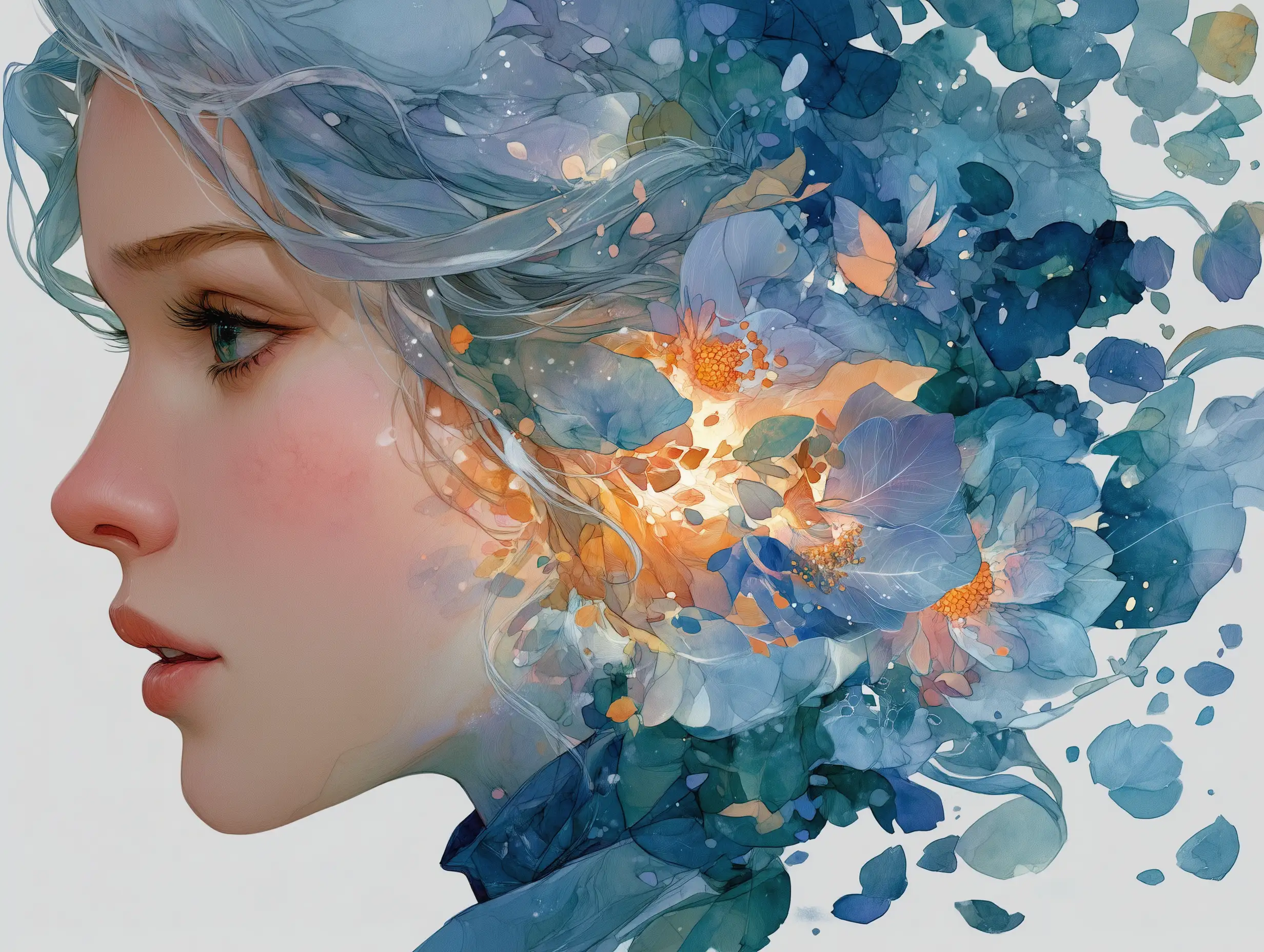 A surreal watercolor portrait of a woman with flowing pastel gradients, soft brush textures, dreamlike atmosphere, abstract floral elements drifting around her