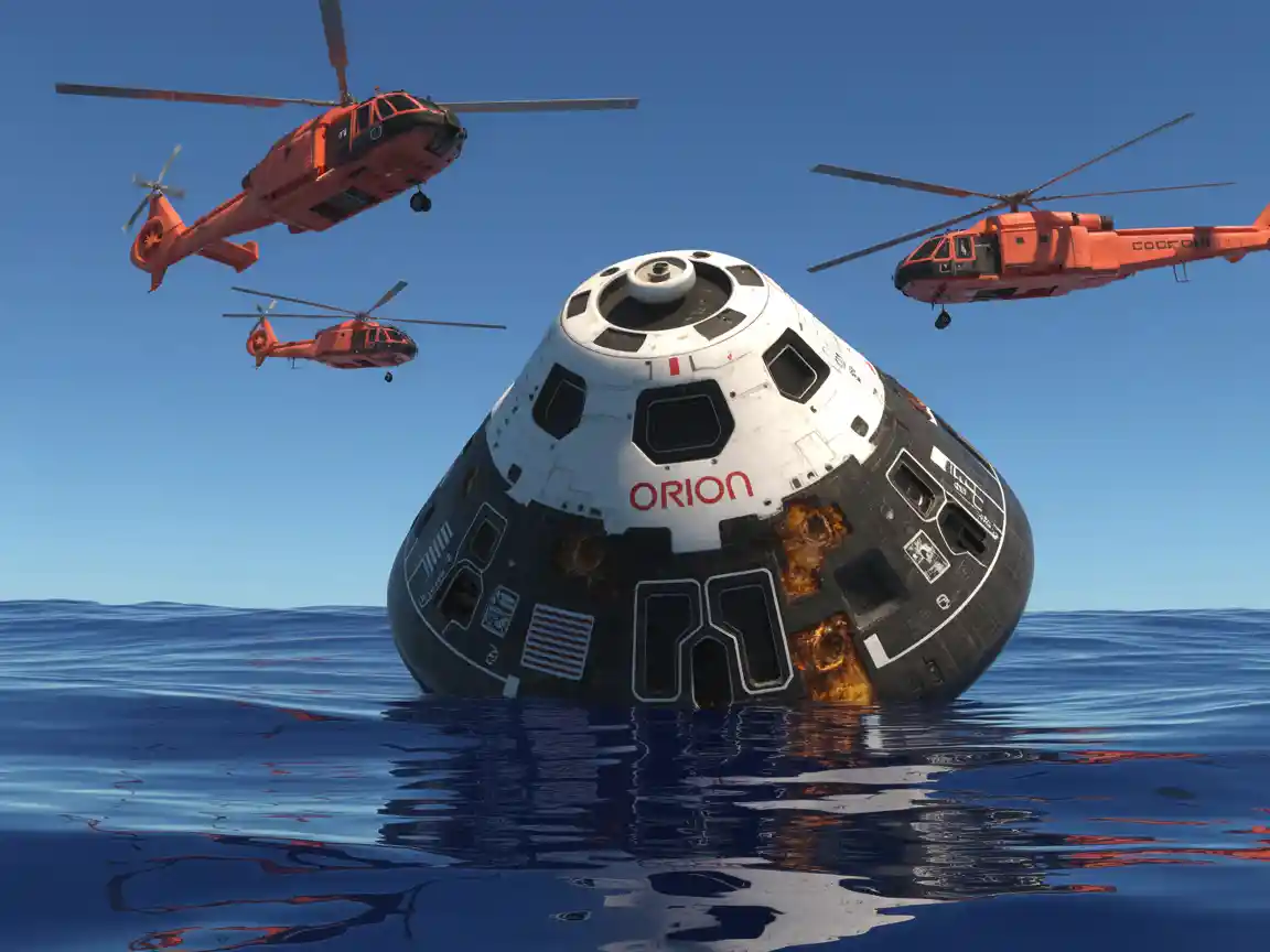 深い青い海水に浮かぶオリオン乗員モジュールのクローズアップ、熱防護層の焼け跡が見える、青空、救助ヘリコプターが上空に浮かぶ、8K解像度、高詳細。