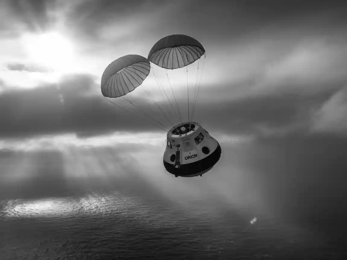 パラシュート展開中のオリオン宇宙船を高コントラストのモノクロ写真で劇的に撮影。