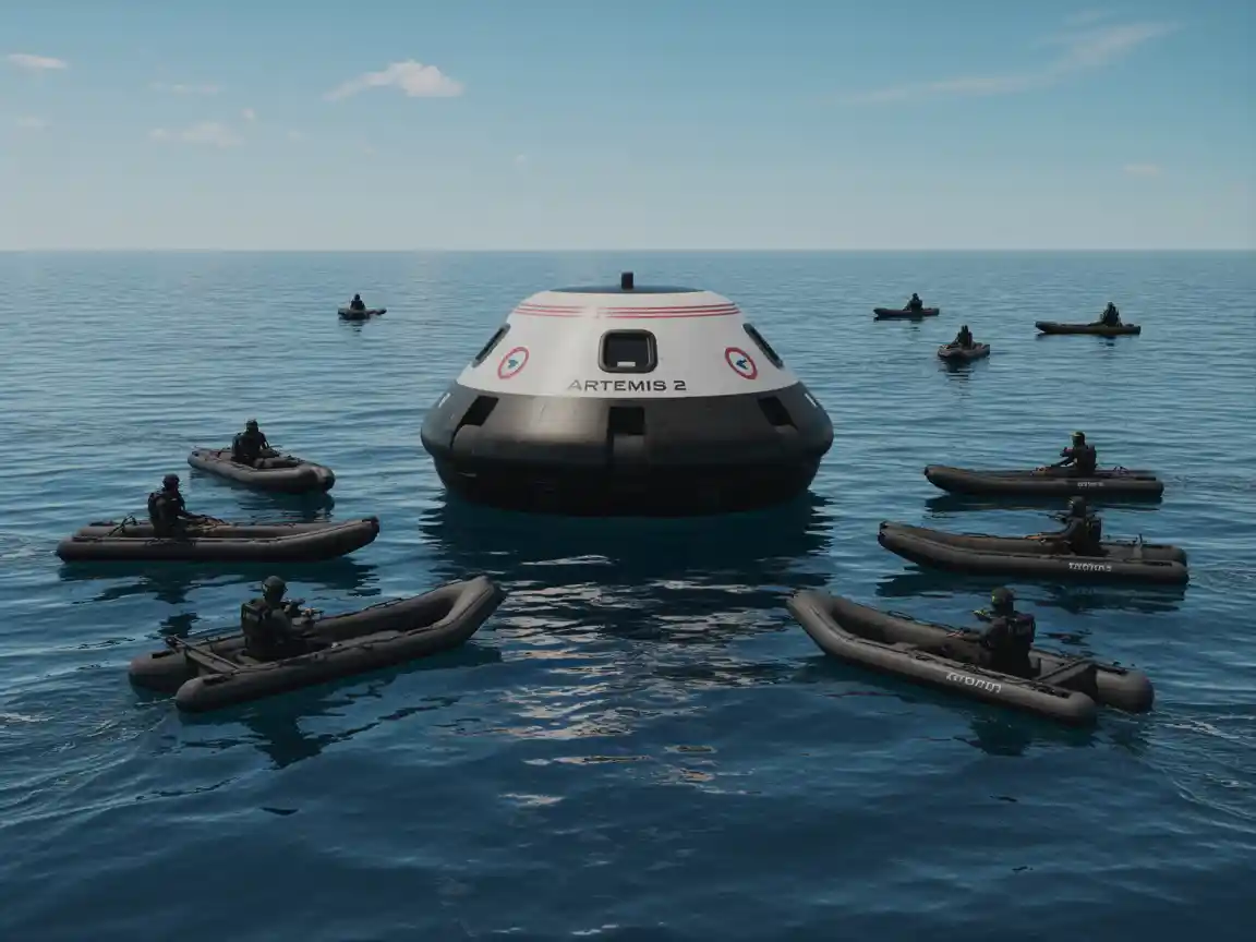 水面の広い空撮、海軍の潜水士たちがゾディアックボートに乗って囲む、晴天の理想的な光景、ハイパーリアルな仕上がり。