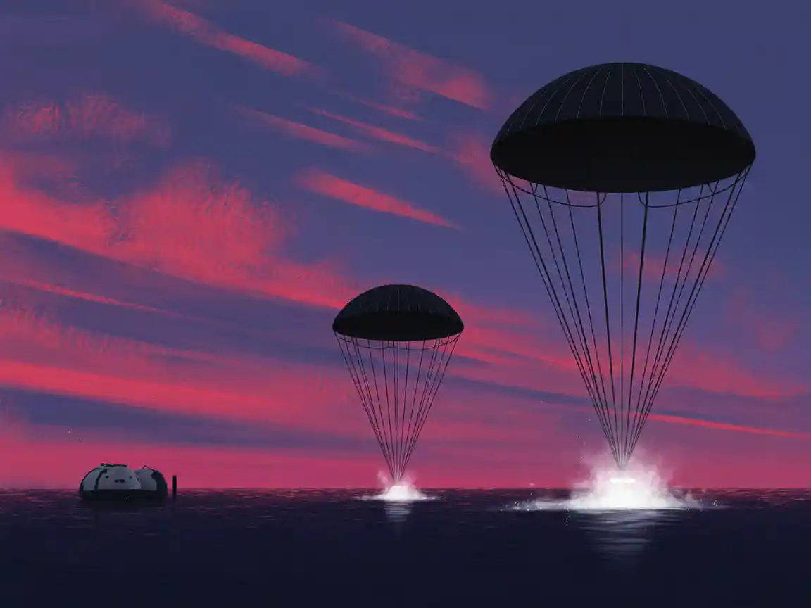 夕暮れ時のアルテミス2スプラッシュダウンを描いた芸術的なデジタルペインティング、鮮やかなマゼンタと紫の空、シルエットのカプセルと巨大なパラシュート、壮大で歴史的な雰囲気。