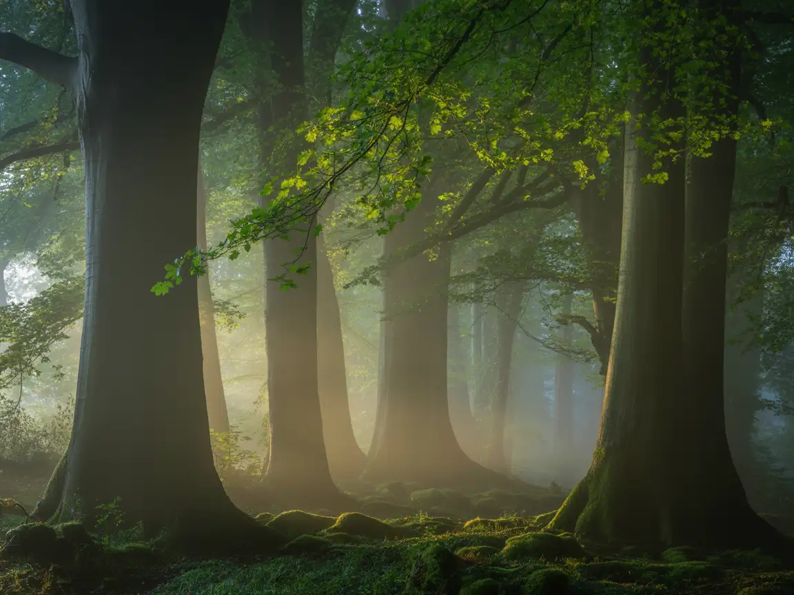 Misty forest at sunrise, golden light filtering through dense trees, dew on leaves, hyper-realistic.