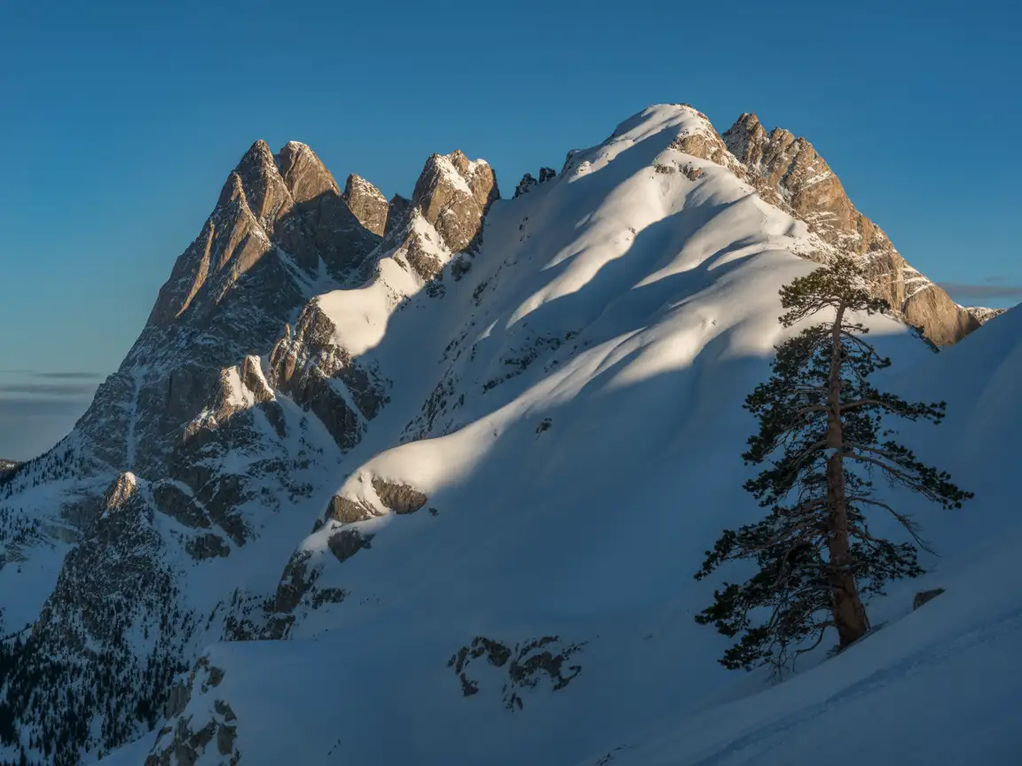 Snow-covered mountain range under a clear blue sky, crisp shadows, realistic textures.