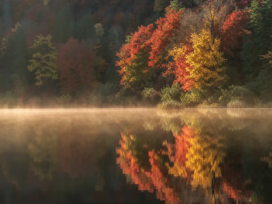 Calm lake surrounded by autumn forests, mist hovering above water, soft sunlight.