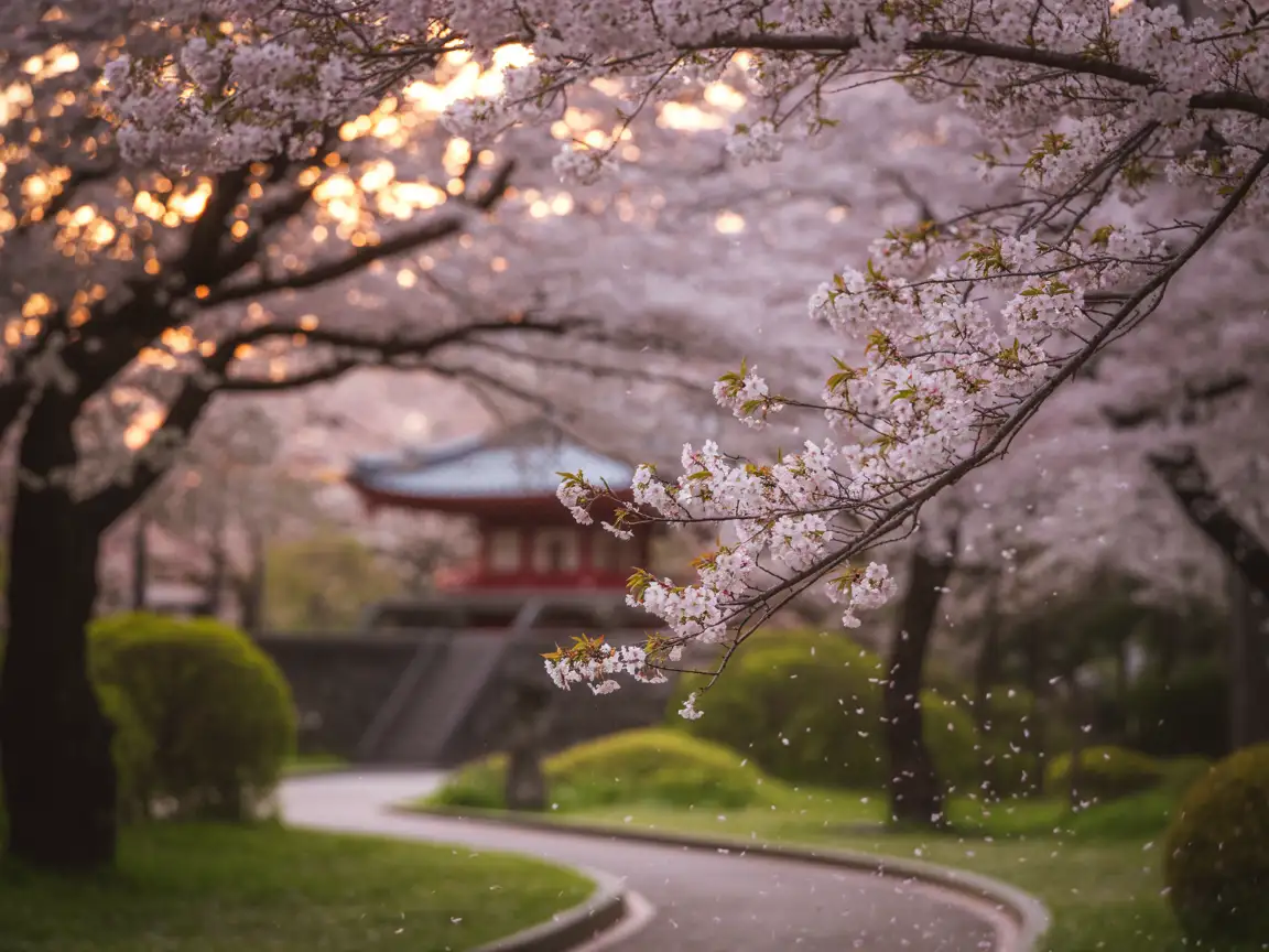 Cherry blossom park in full bloom, soft pink petals falling, serene afternoon light.