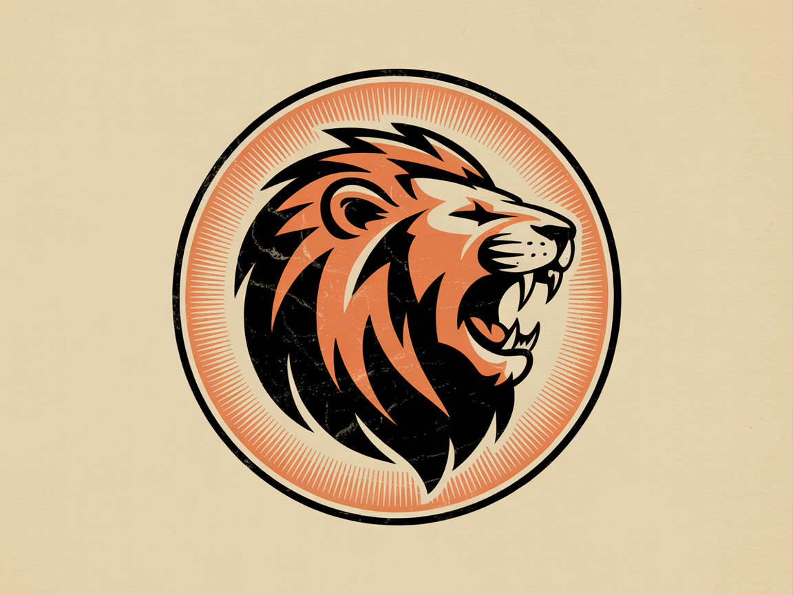 Vintage vinyl band logo, circular layout, distressed print texture, retro orange and cream color palette