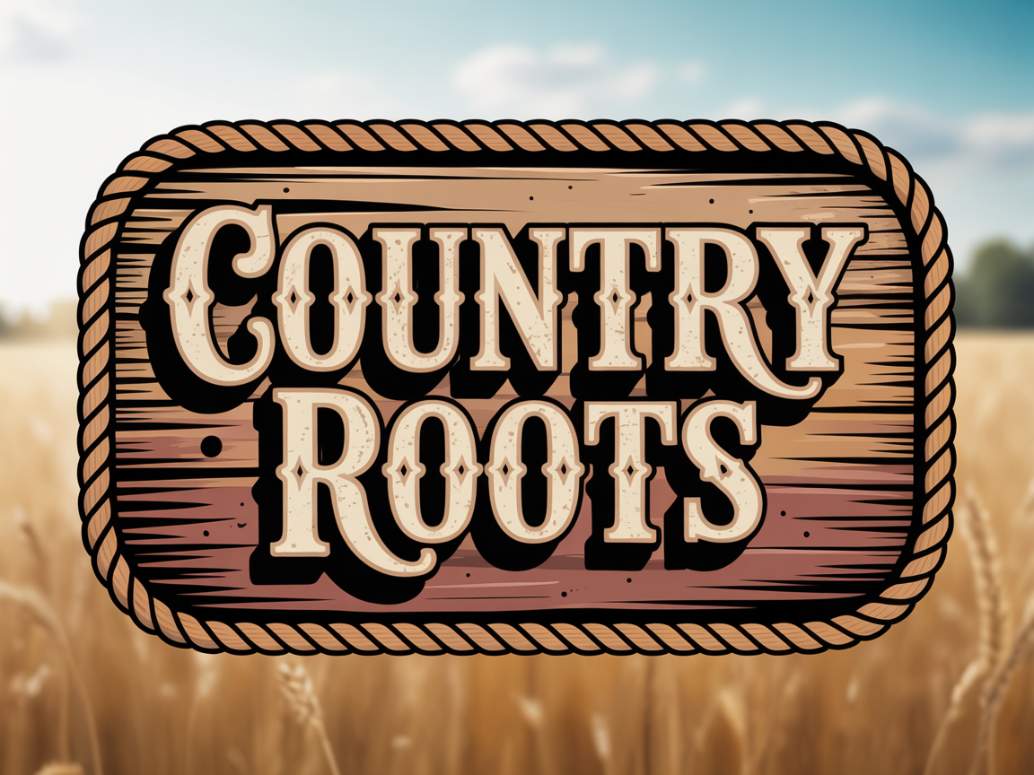 Country band logo with rustic wood texture, rope border, engraved typography, warm sunlight tones