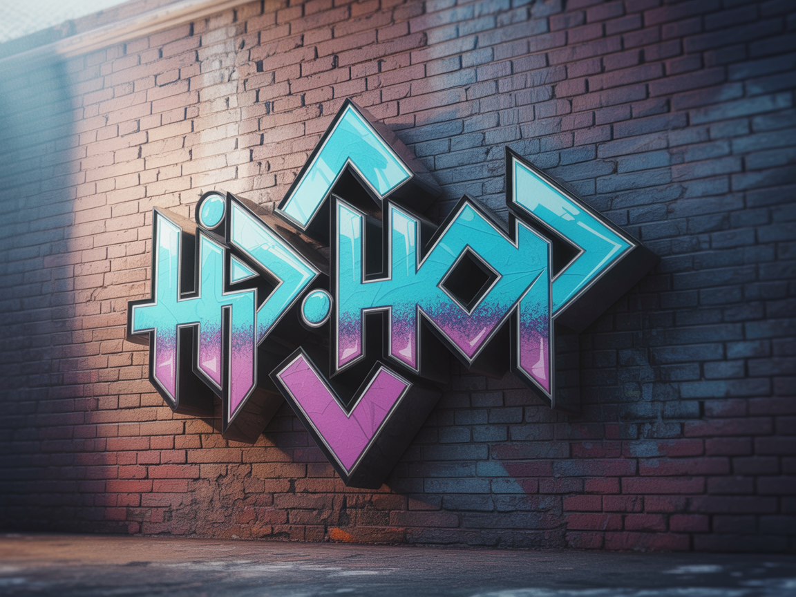 3D graffiti-inspired hip-hop logo, colorful spray texture, chrome highlights, urban brick wall background