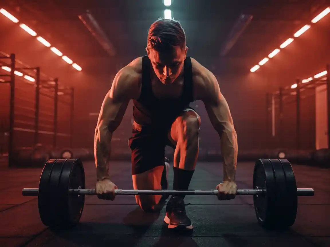 Un banner dinámico de deportes y fitness con fondo de gimnasio oscuro y áspero, iluminación roja de alto contraste, perfecto para cabeceras en YouTube o redes sociales.