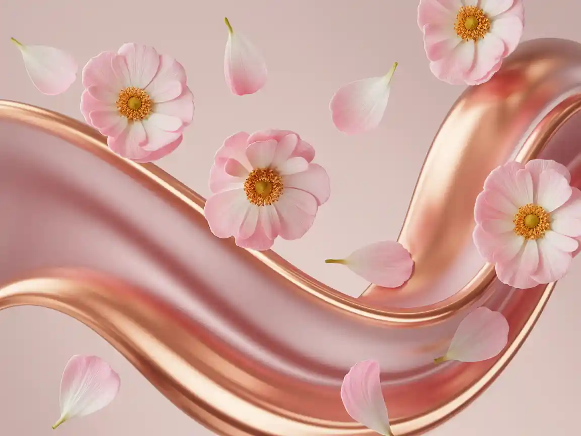 Un fondo suave y elegante con seda líquida en rosa pastel y oro rosa en remolino, pétalos de flores flotantes delicados, estética lujosa y limpia, ideal para sitios web de marcas de belleza.