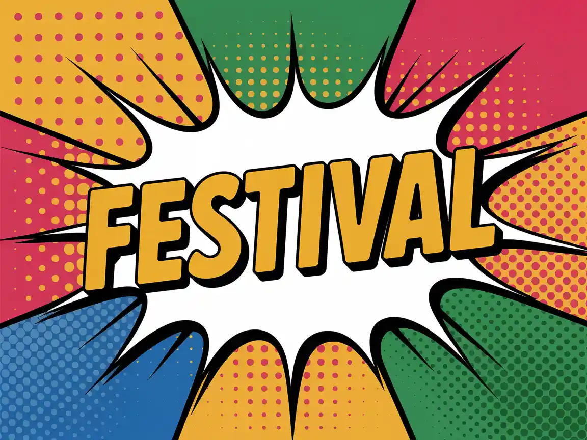 Un banner de festival inspirado en arte pop con puntos retro, gráficos de estilo cómic audaces y colores primarios vibrantes, emocionante y llamativo.