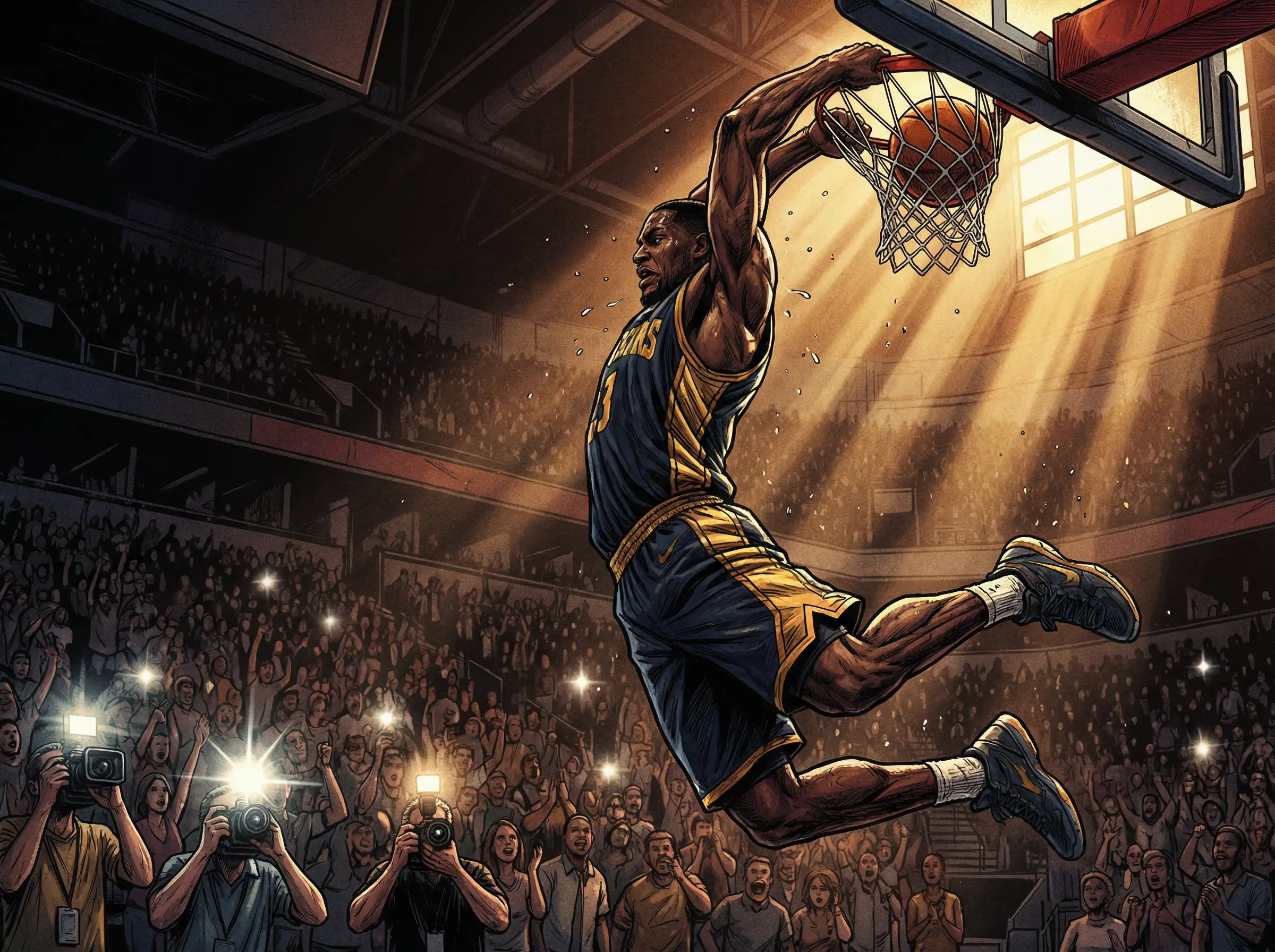 Dynamic basketball player mid‑air dunk, powerful motion, realistic anatomy, dramatic lighting, intense sports atmosphere, high‑detail illustration style