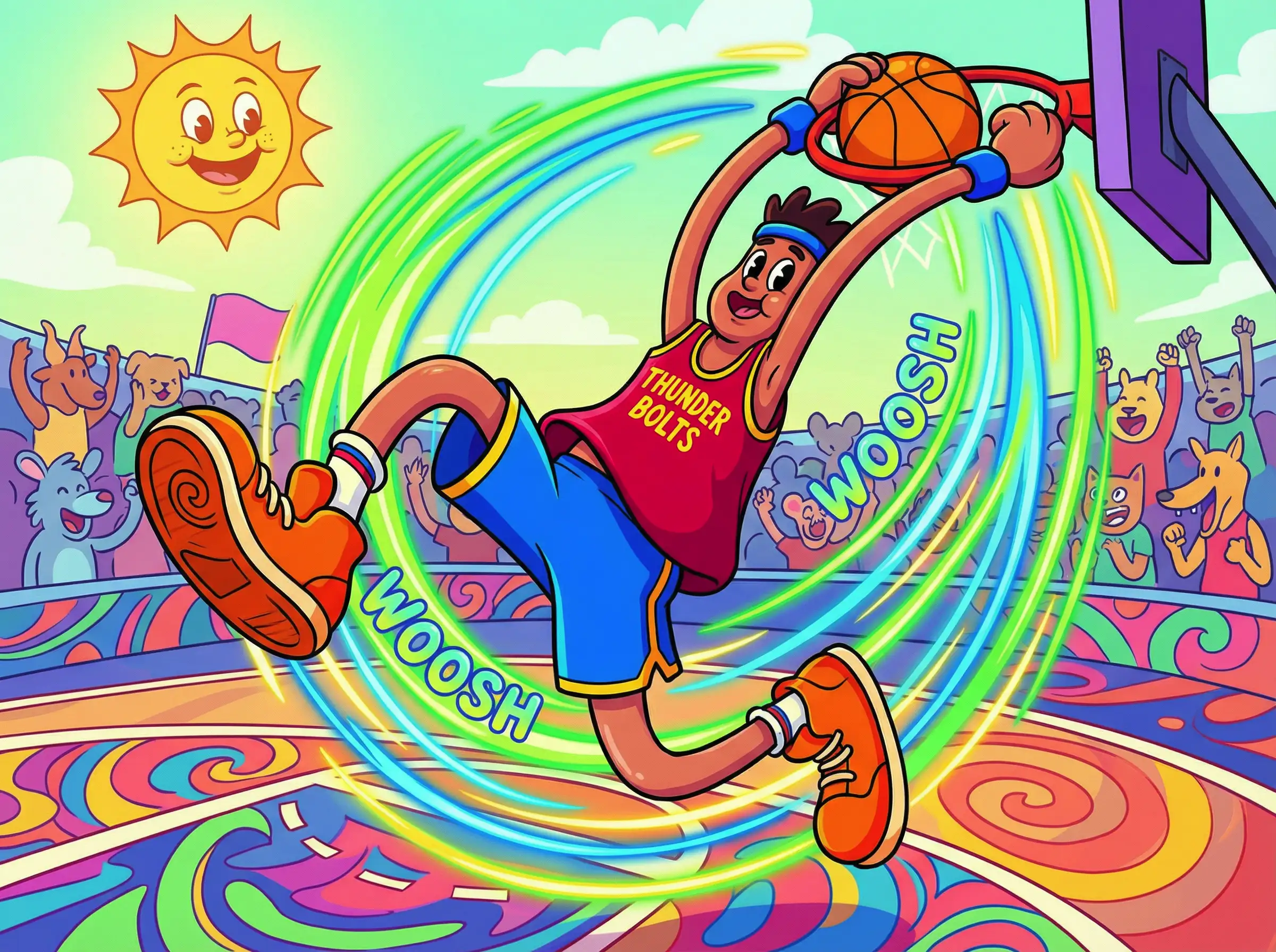 Cartoon basketball player with exaggerated motion, bright colors, energetic pose, fun and playful illustration style