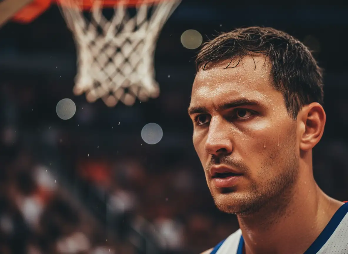 Hyper‑realistic basketball portrait, sweat details, intense focus, shallow depth of field, professional sports photography style