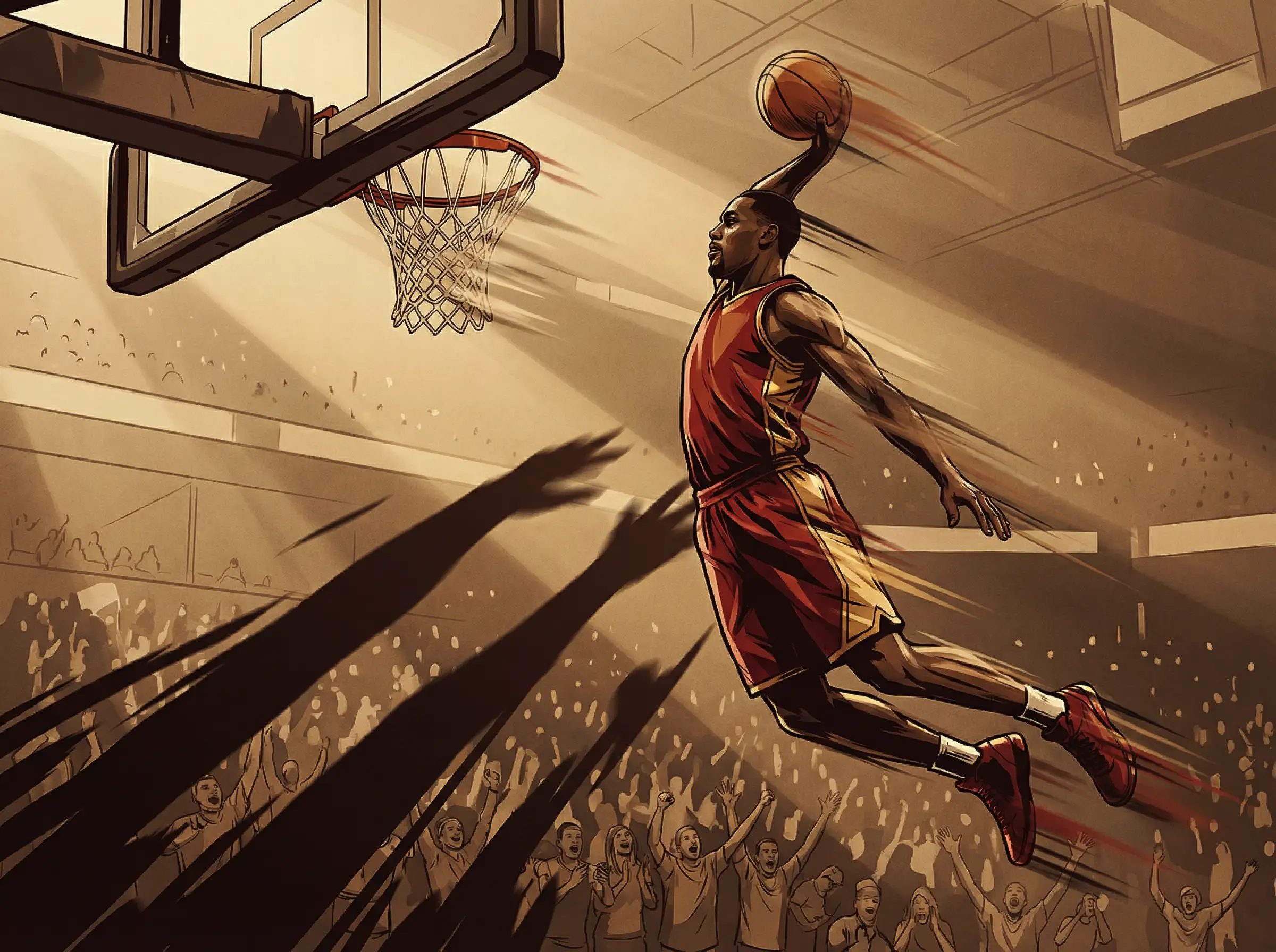 Basketball action illustration with dramatic shadows, motion blur, powerful dunk moment, cinematic lighting