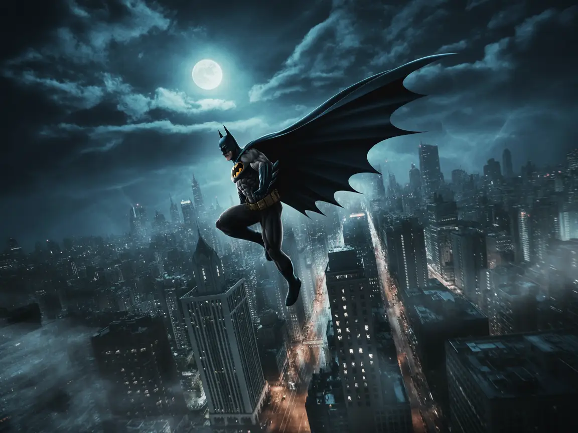 Batman gliding through the night sky over Gotham City, cape extended like wings, dramatic perspective.