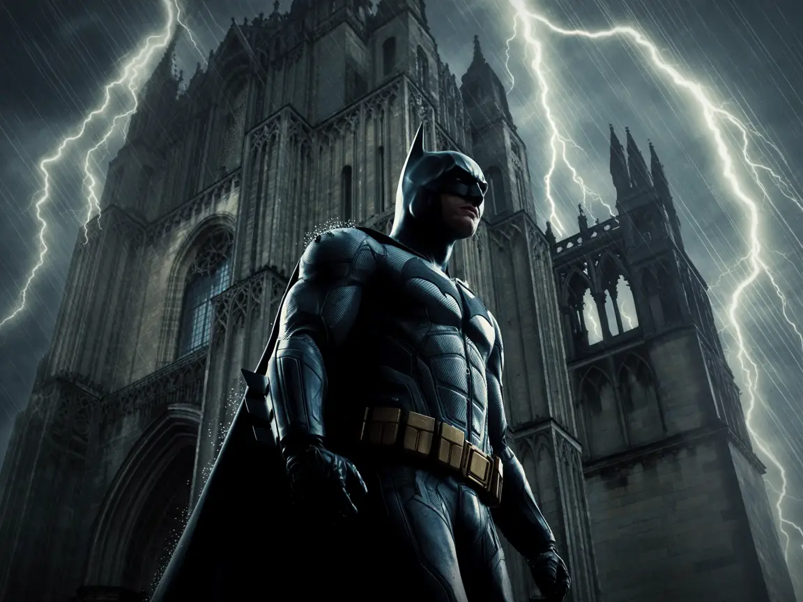 Batman emerging from the shadows of a gothic cathedral, rain pouring, photorealistic detail and cinematic contrast.