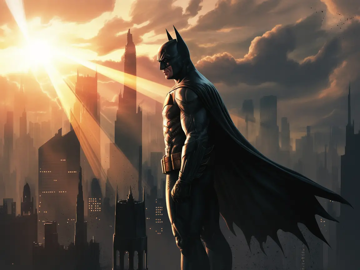 Batman standing at dawn, sunlight breaking through the clouds, symbolizing hope after a long night.